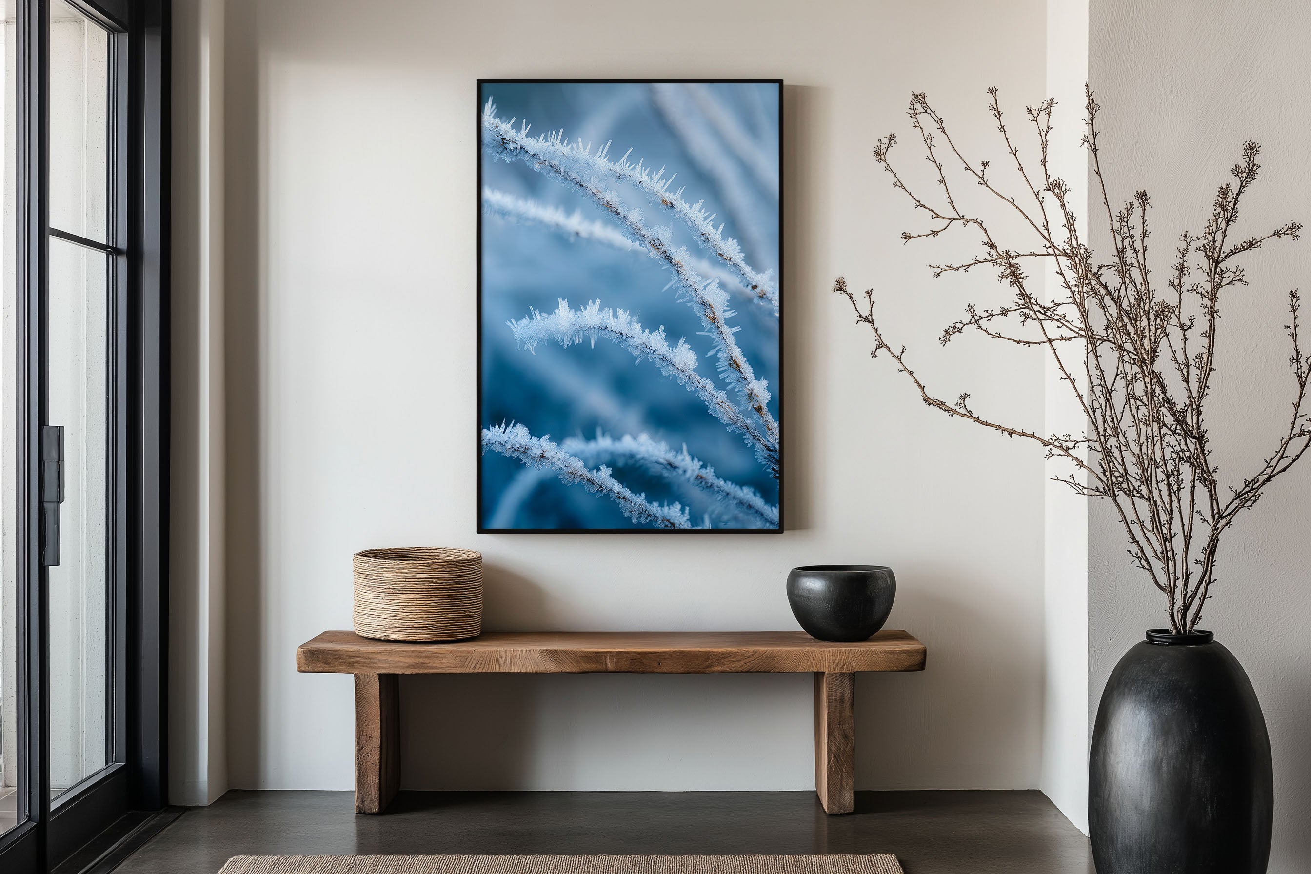 Frost Crystal Macro Wall Art Print | Hoarfrost Branch Close-Up Winter Photography | Ice Crystal Blue Nature Poster