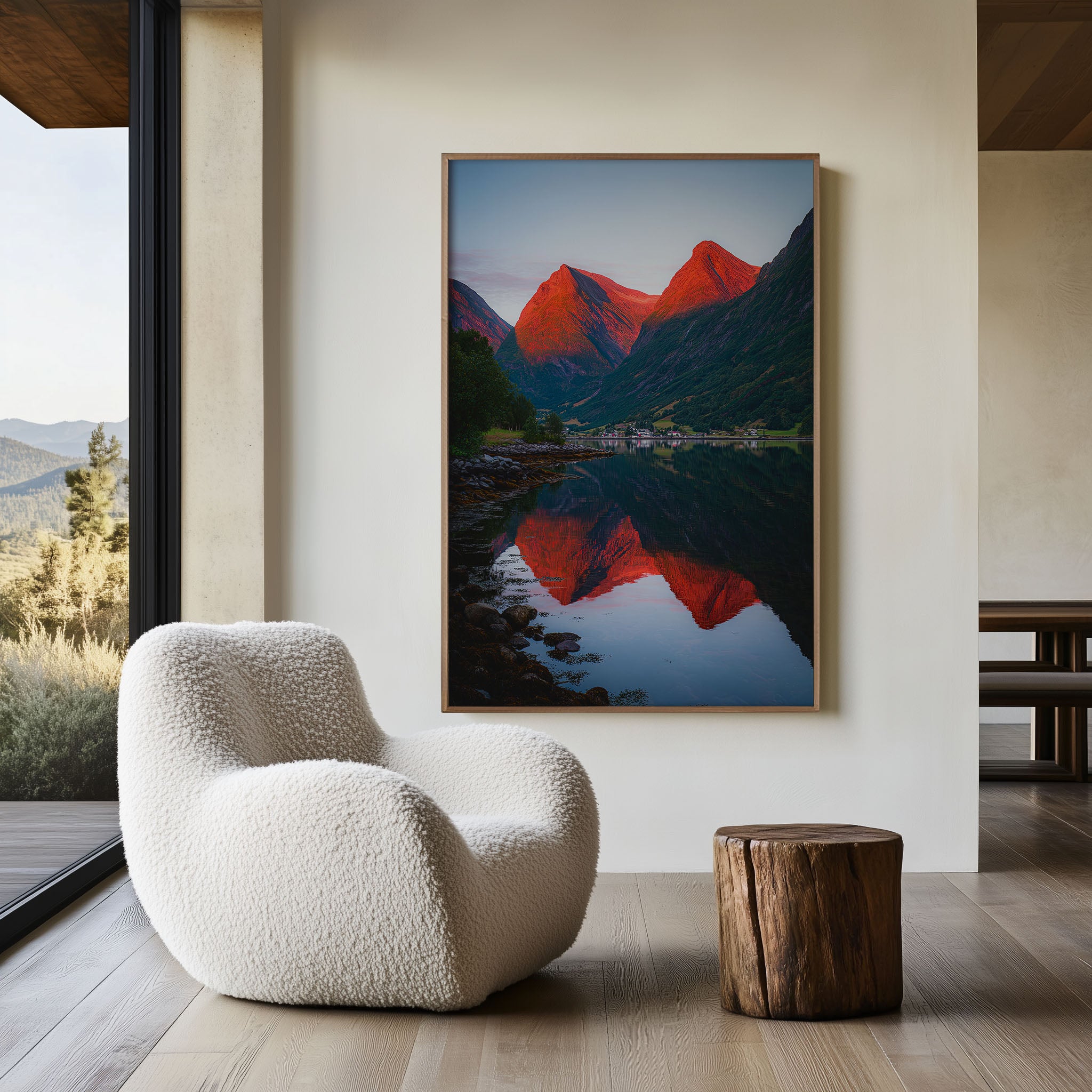 Geirangerfjord Fiery Red Mountain Reflection Wall Art | Norway Fjord Sunset Landscape Print | Dramatic Scandinavia Travel Photography
