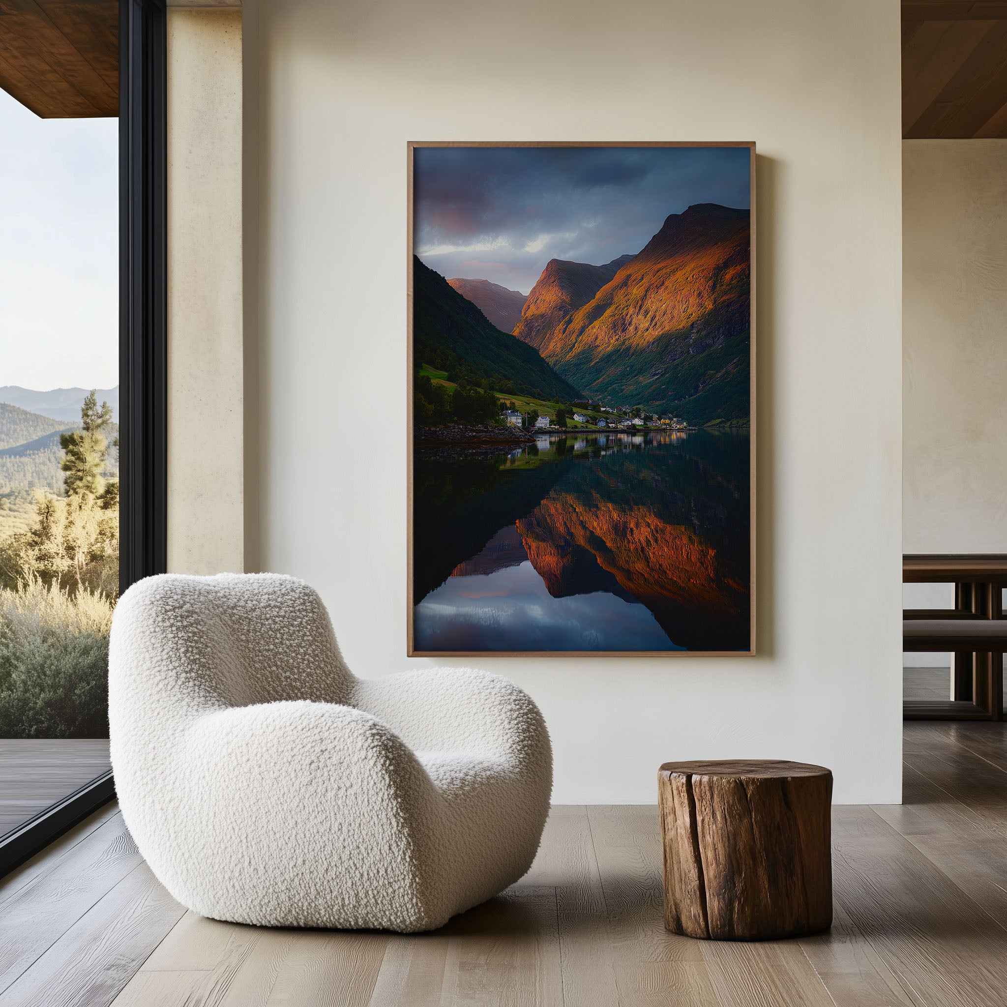 Geirangerfjord Golden Hour Village Reflection Wall Art | Norway Fjord Mountain Landscape Print | Scandinavia Travel Photography