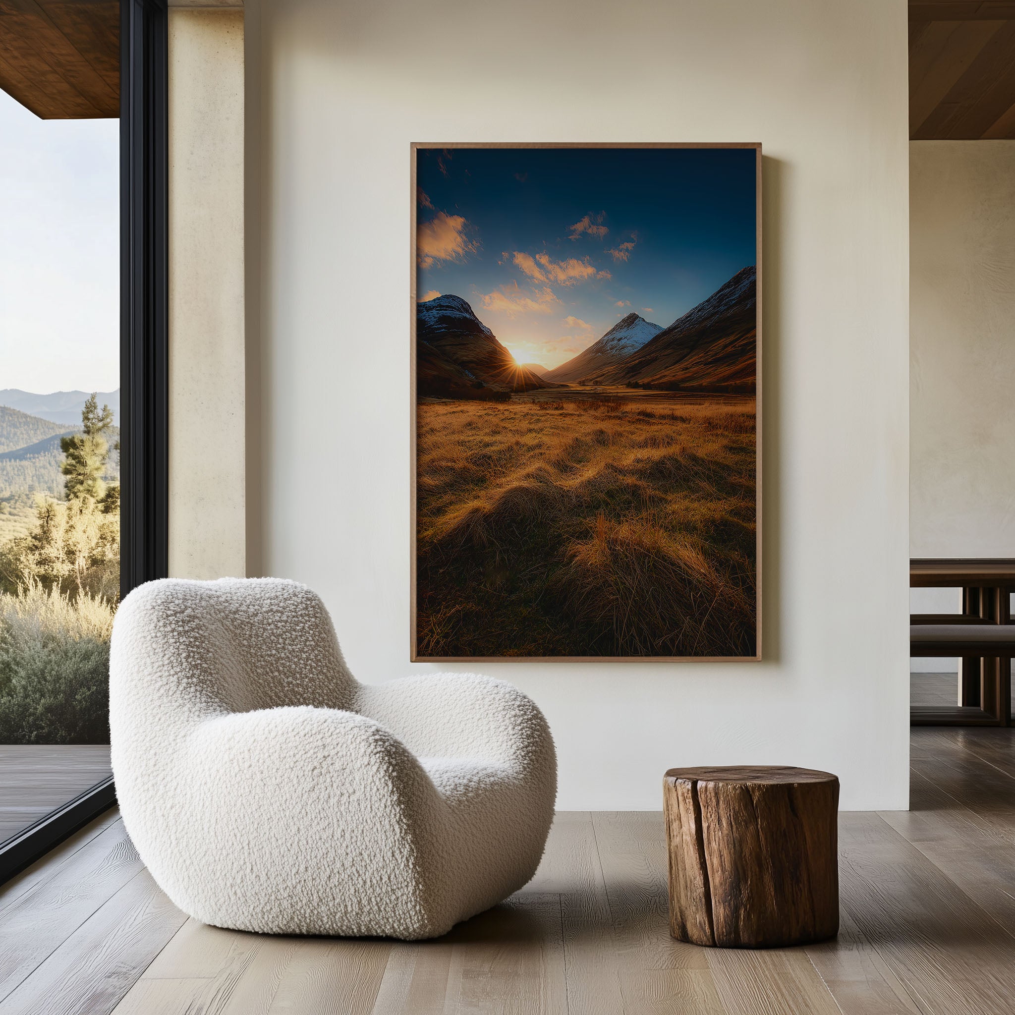 Glencoe Valley Sunburst Sunset Wall Art | Scottish Highlands Snow-Capped Mountain Landscape Print | Scotland Travel Photography