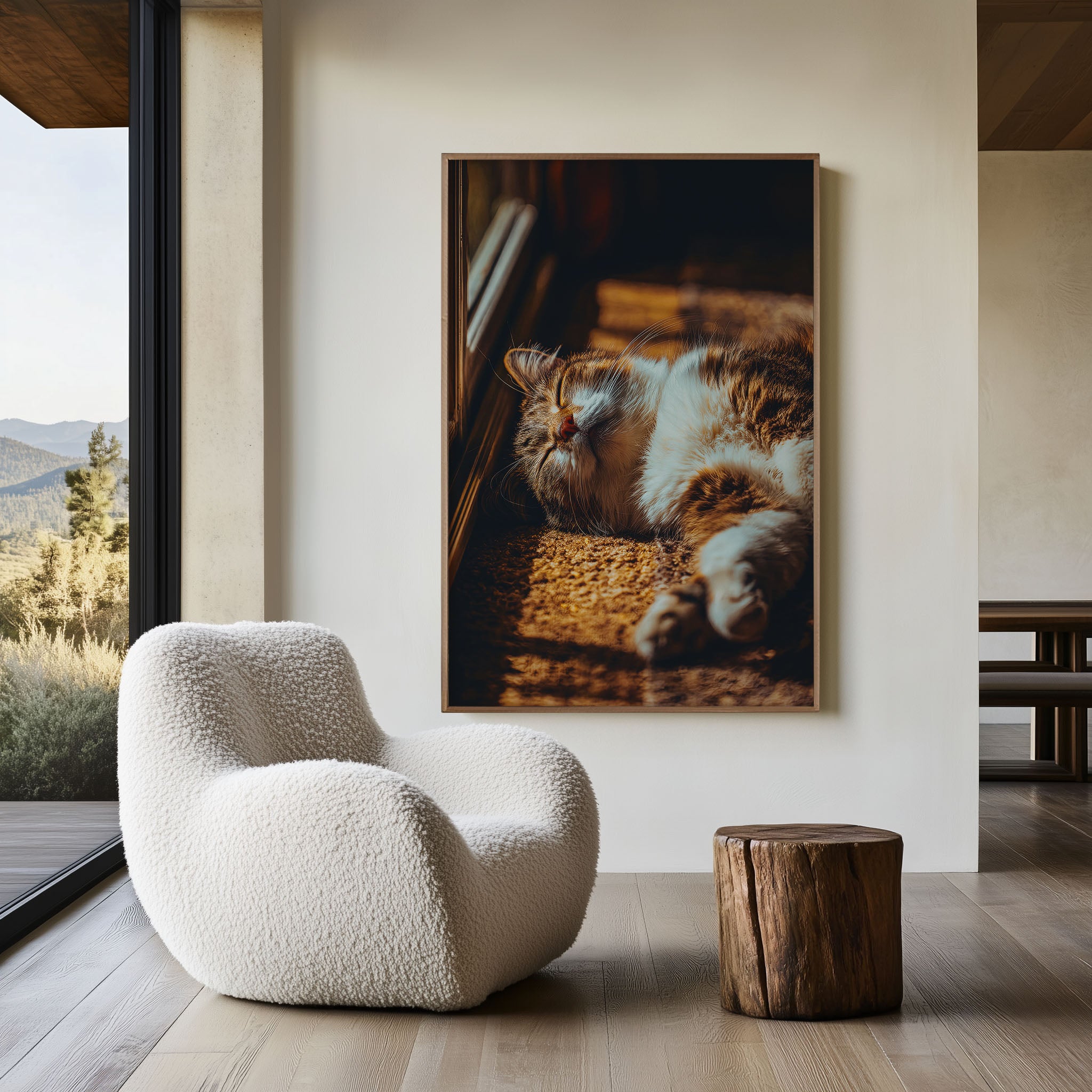 Golden Hour Cat Napping in Sunbeam Wall Art | Warm Toned Tabby Sunbathing Print | Cosy Pet Photography Poster