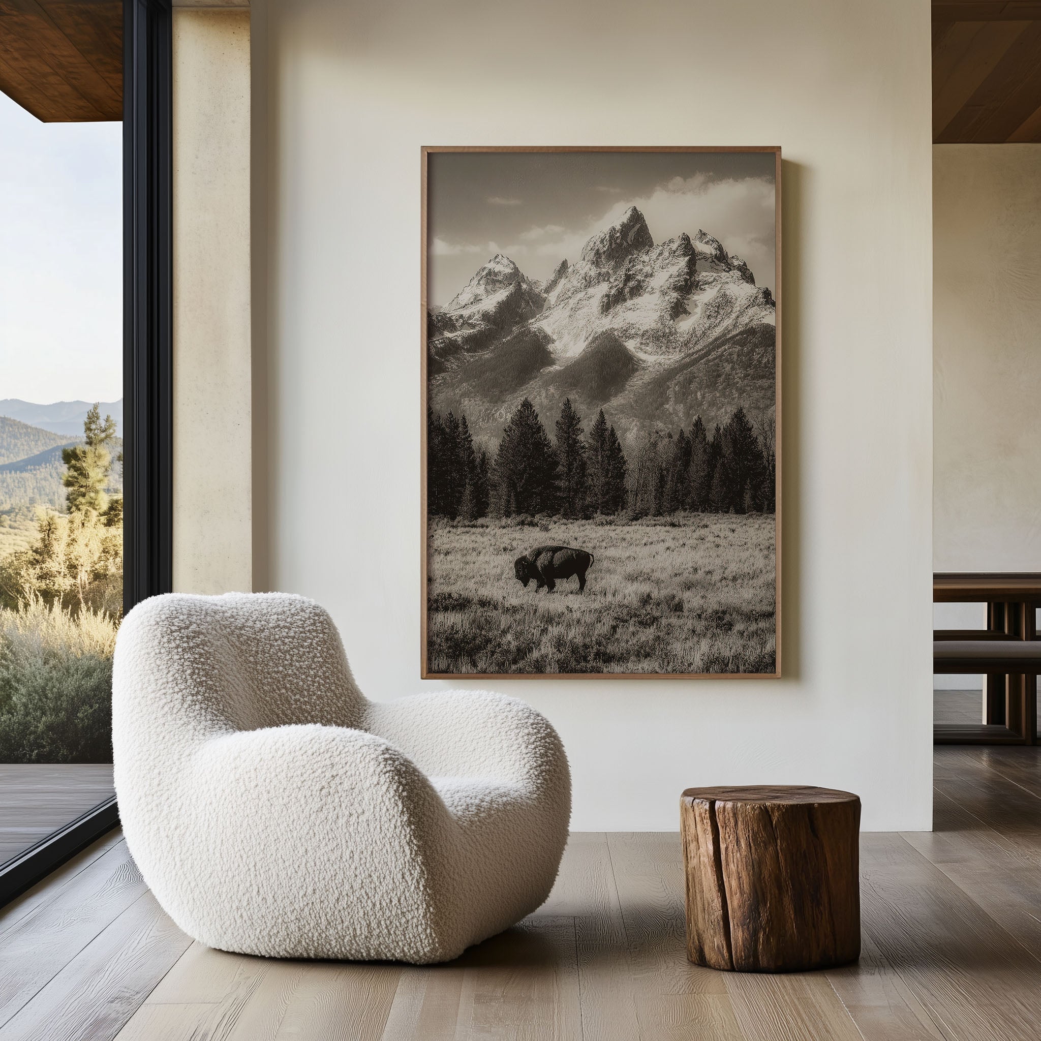 Grand Teton Bison Wall Art Print | Black & White Wyoming Photography | Sepia Mountain Landscape Poster | American West Wildlife Print | Rustic Home Decor