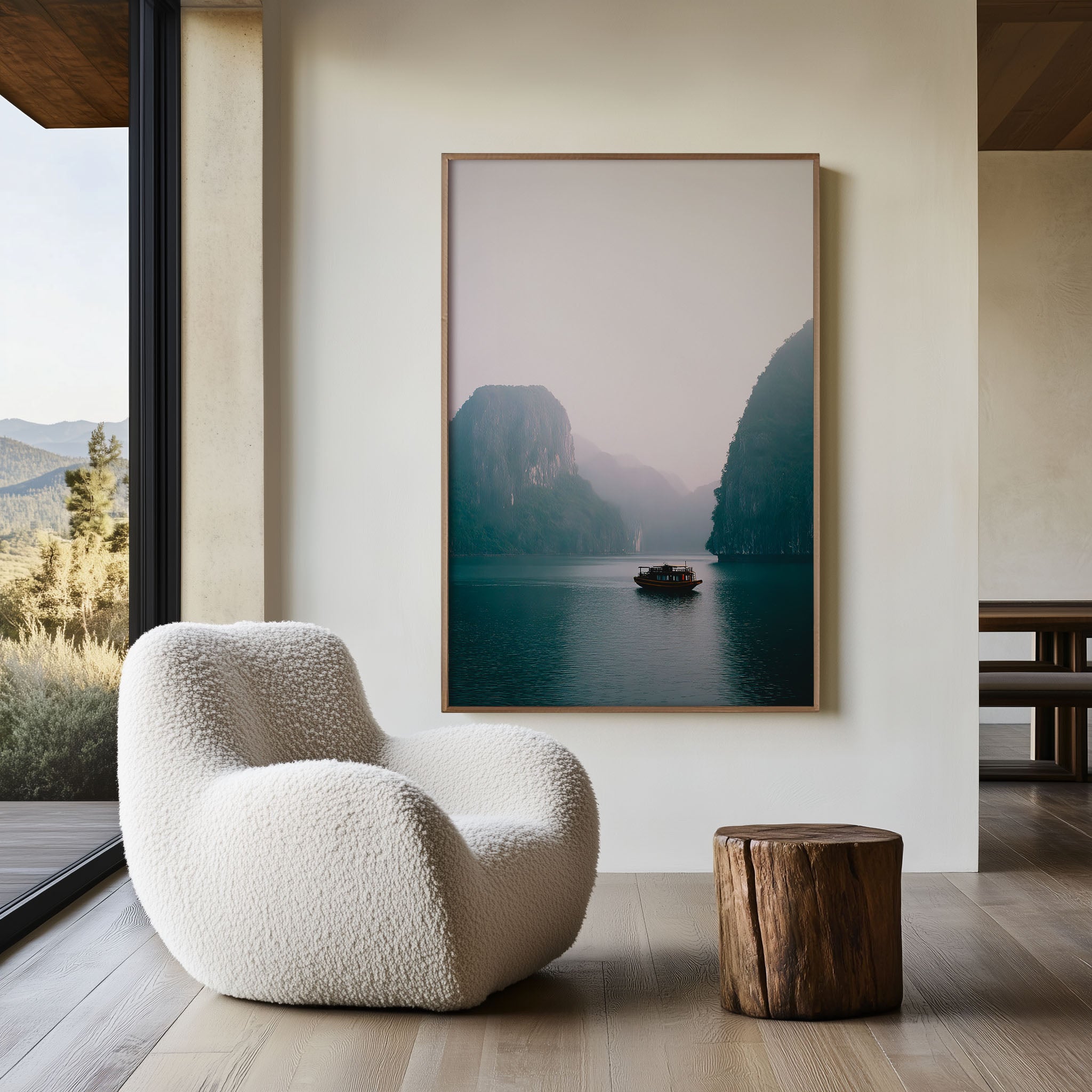 Ha Long Bay Misty Morning Wall Art Print | Vietnam Lone Boat Karst Photography | Foggy Limestone Islands Landscape Poster | Southeast Asia Travel Print | Minimalist Home Decor