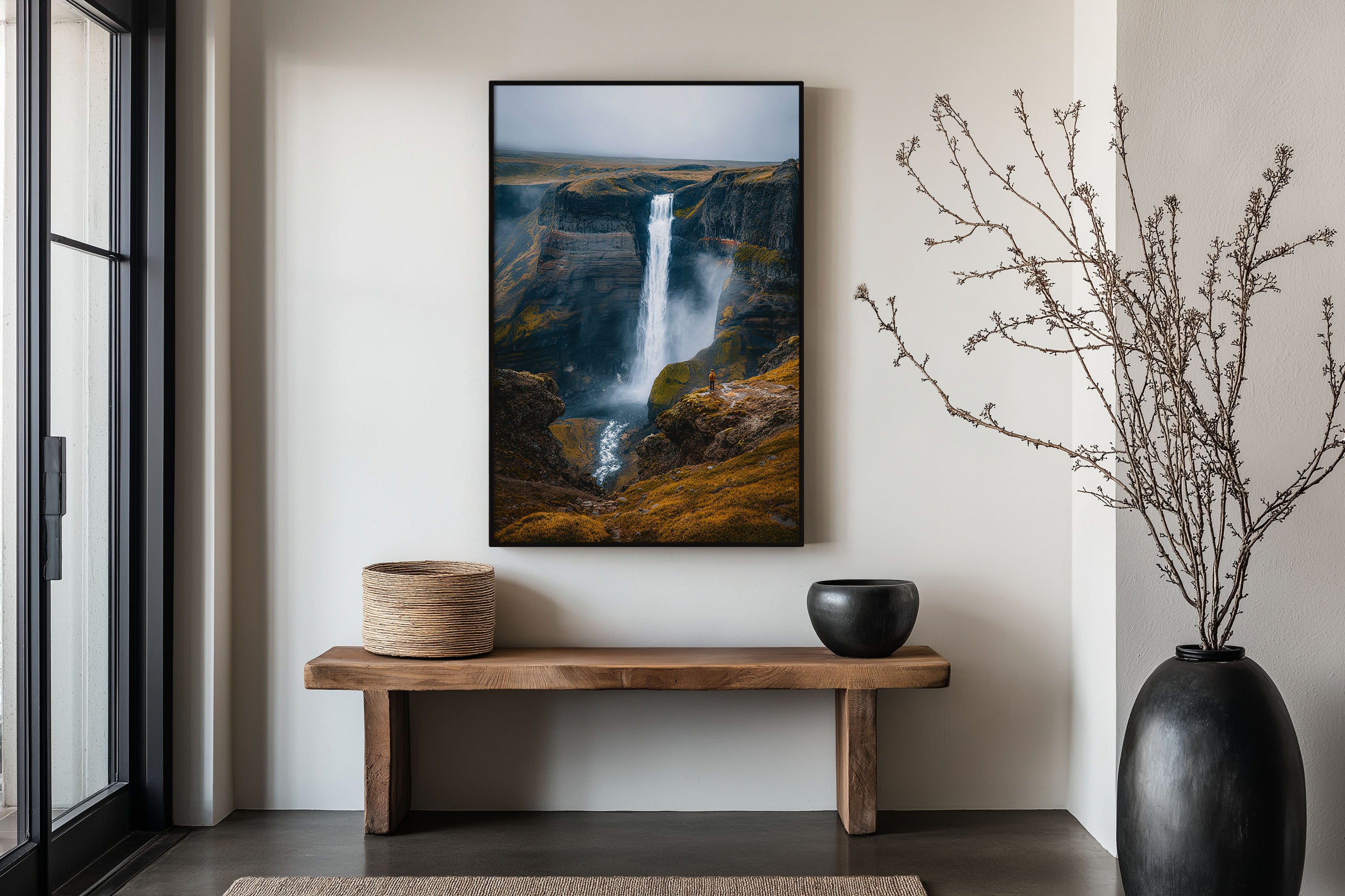 Háifoss Waterfall Iceland Print | Iceland Canyon Waterfall Wall Art | Icelandic Hiker Waterfall Landscape Photography Poster