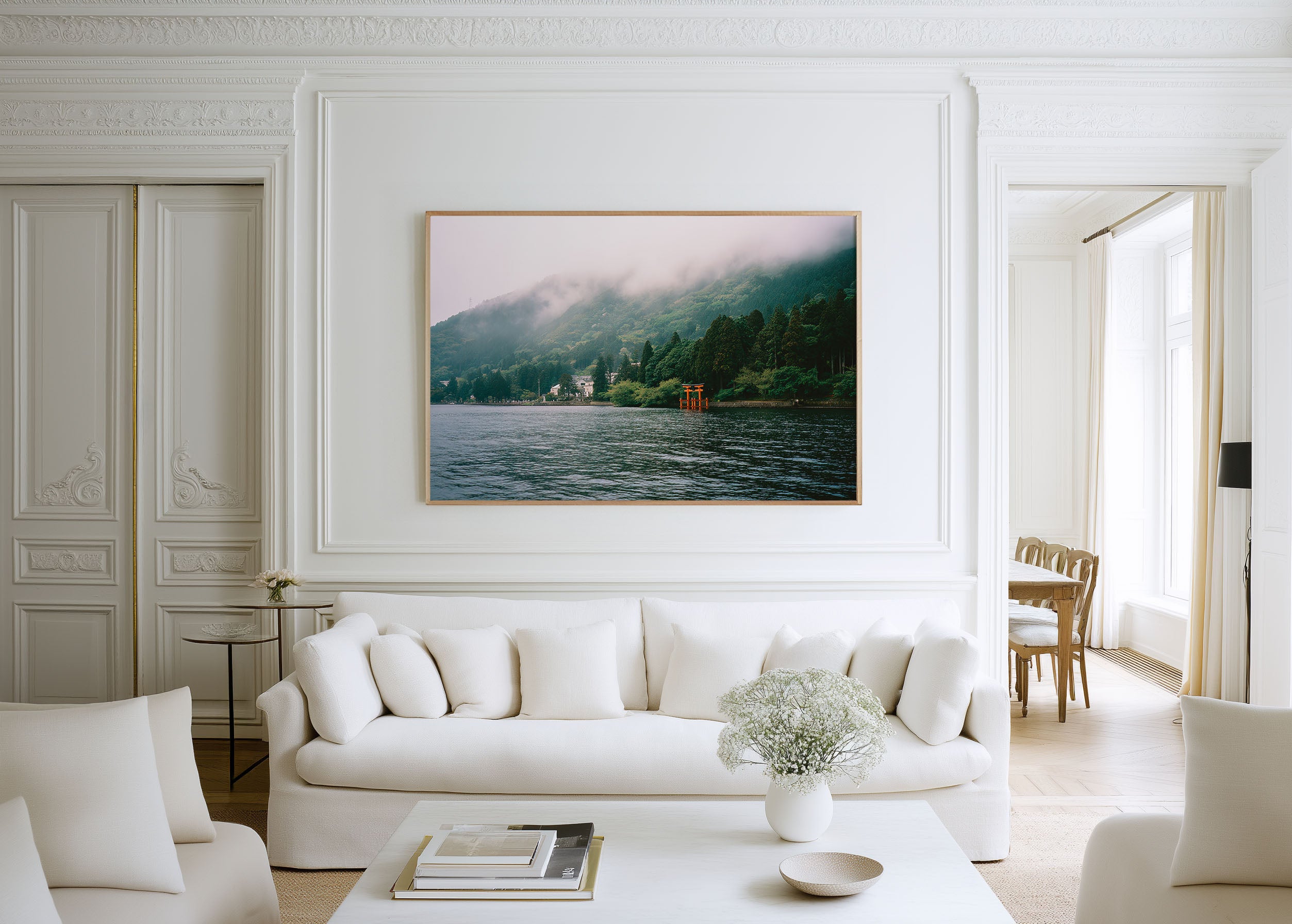 Hakone Lake Torii Gate Japan Wall Art Print, Misty Japanese Shrine Landscape