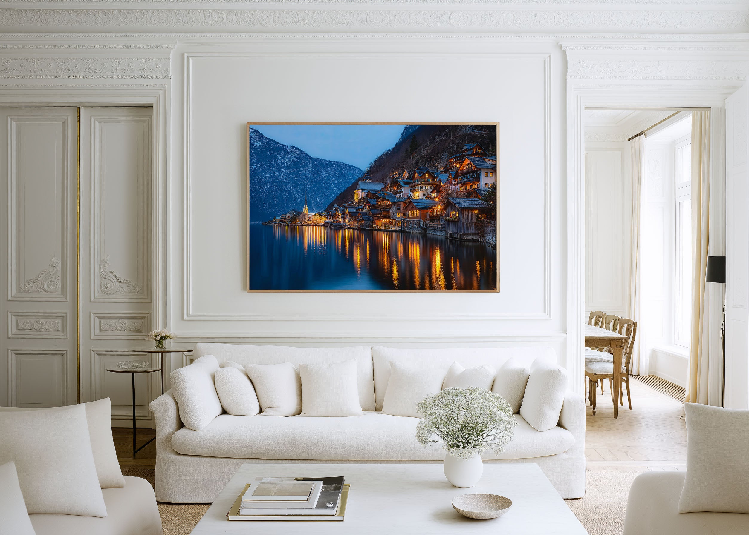 Hallstatt Austria Lakeside Village Wall Art Print – Alpine Night Reflection