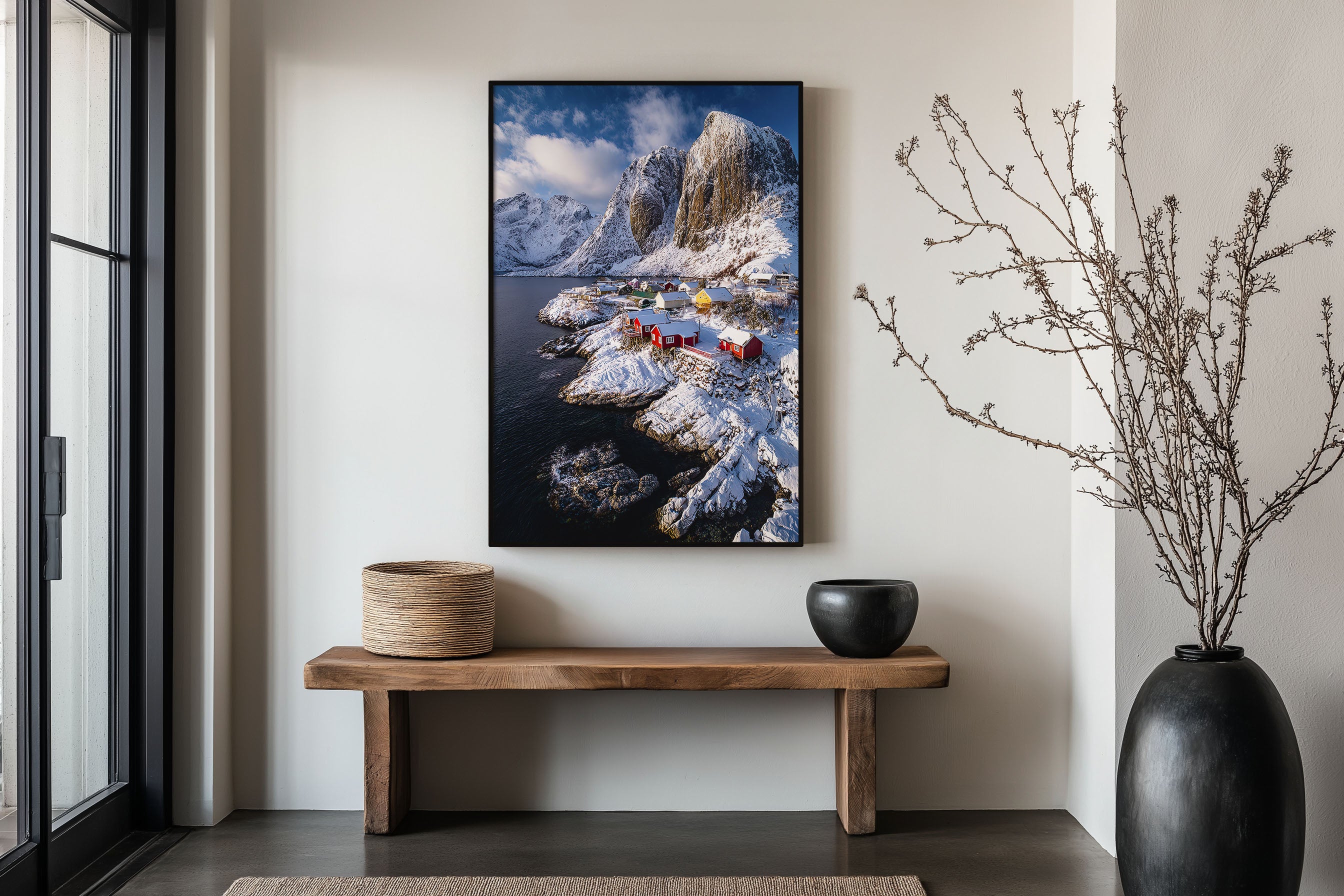 Hamnøy Lofoten Aerial Winter Wall Art Print | Norway Fishing Village Snow Photography | Red Rorbuer Arctic Mountain Poster