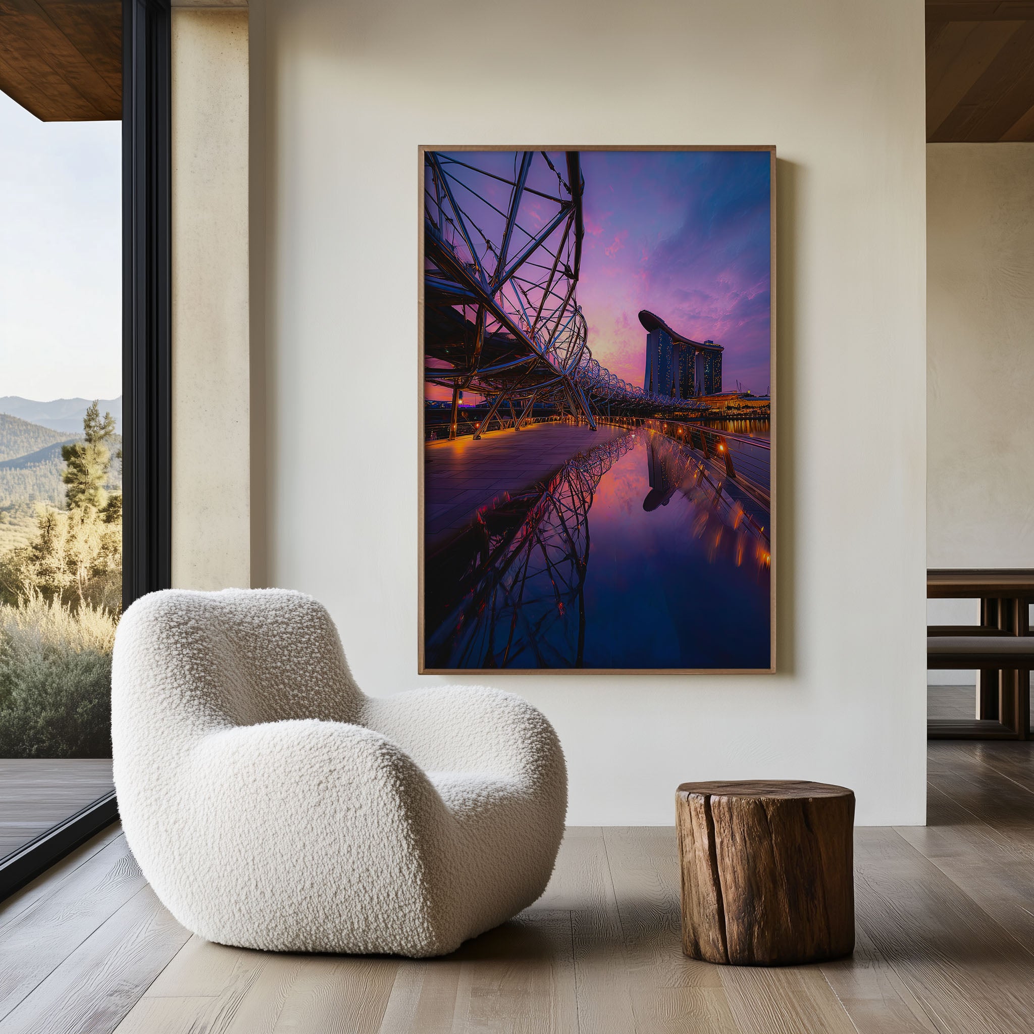 Helix Bridge Marina Bay Sands Purple Sunset Wall Art | Singapore Skyline Reflection Print | Modern City Travel Photography