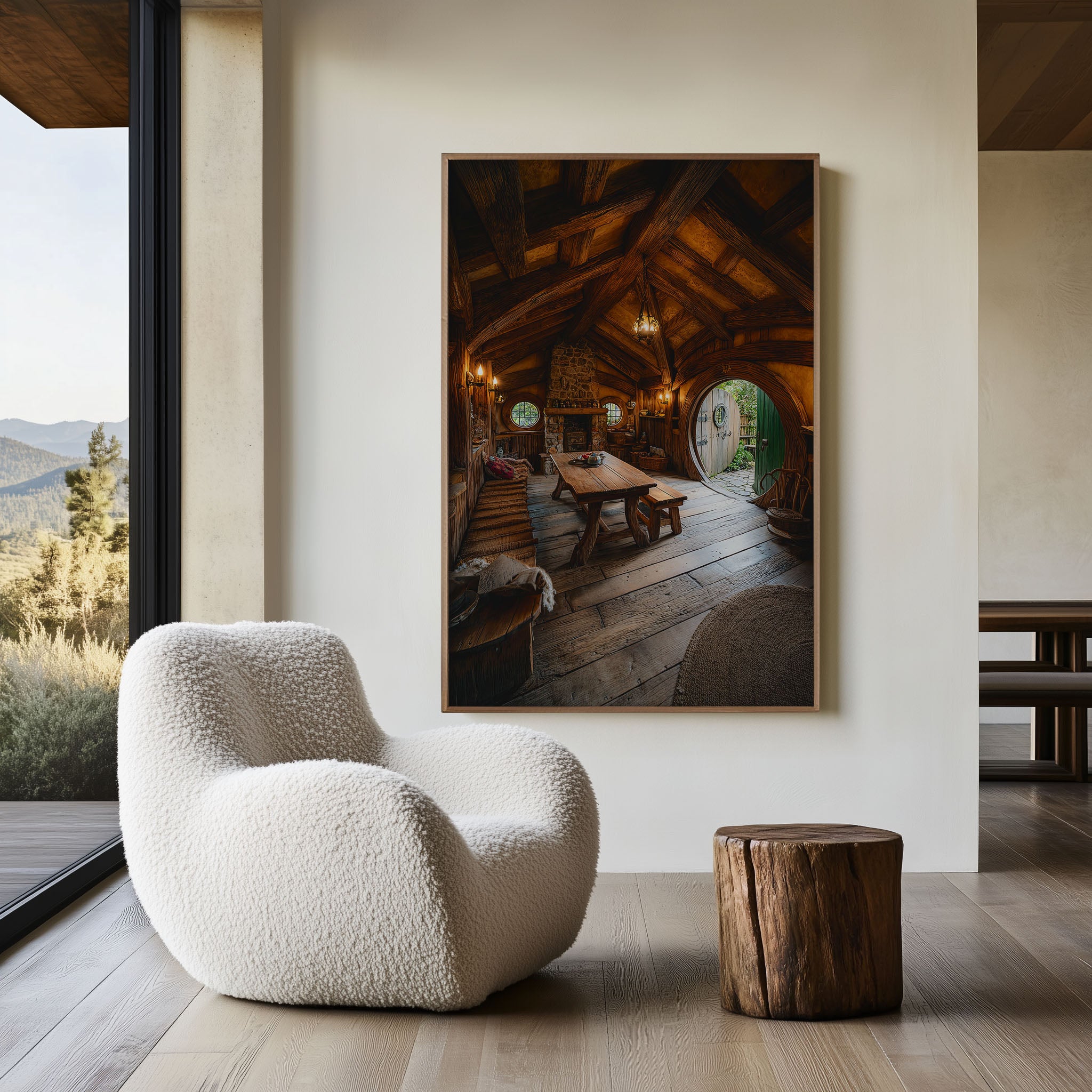 Hobbiton Hobbit Hole Warm Interior Wall Art | Cosy Storybook Cottage Fireplace Print | New Zealand Fantasy Travel Photography