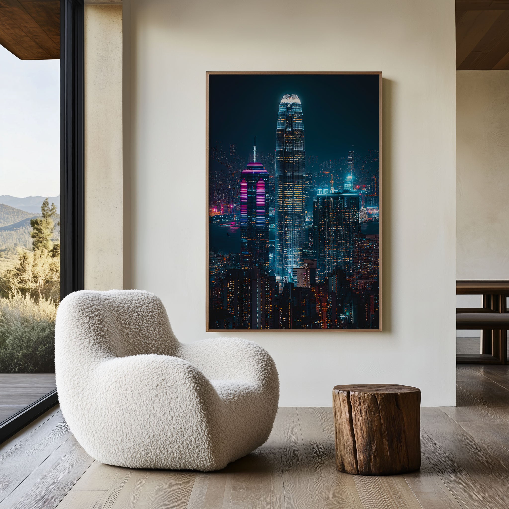 Hong Kong Night Skyline Wall Art | Two IFC Victoria Harbour Neon Print | City Lights Photography Poster
