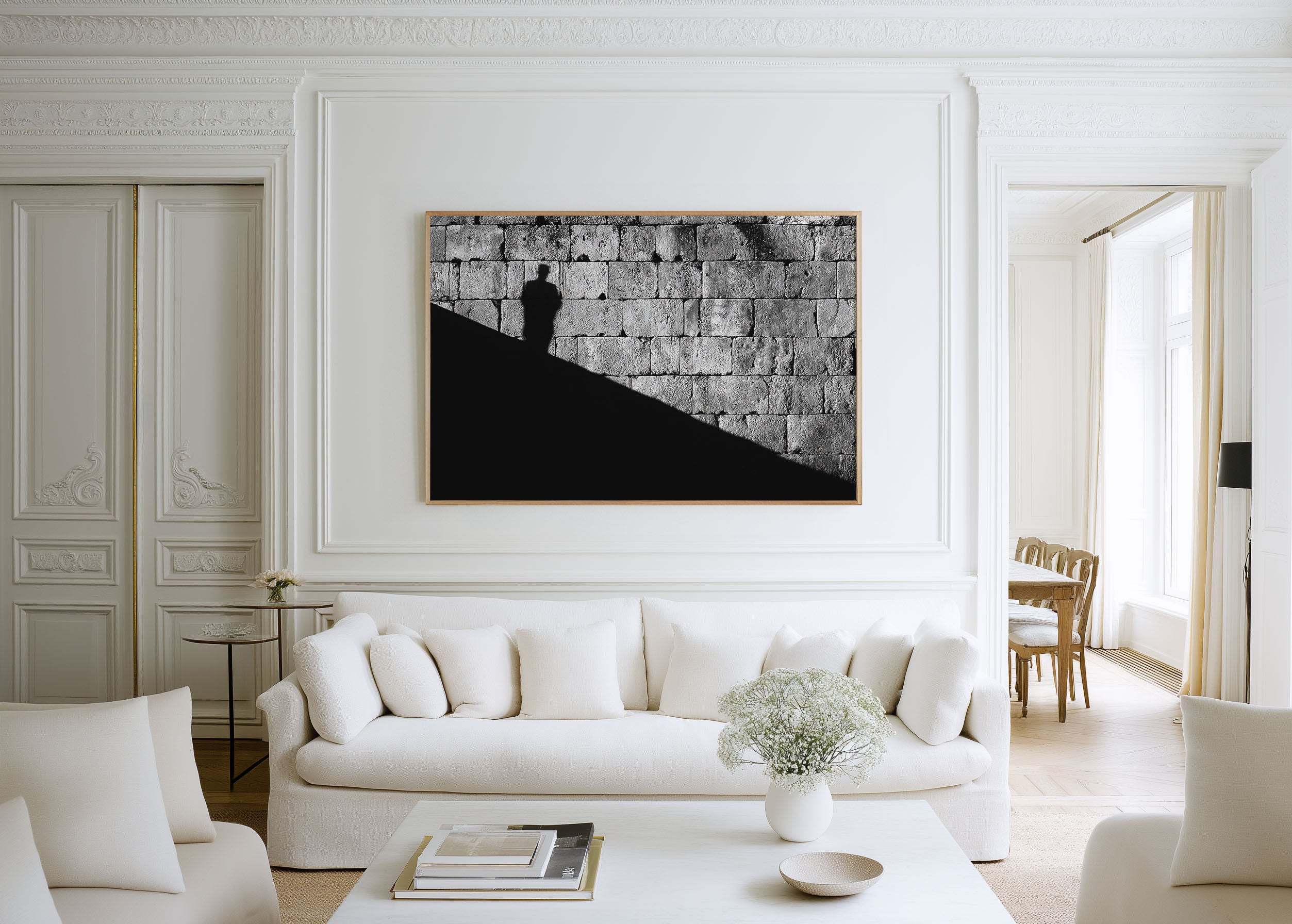 Human Shadow Ancient Stone Wall Print | Black and White Street Photography Wall Art | Light and Shadow Photography