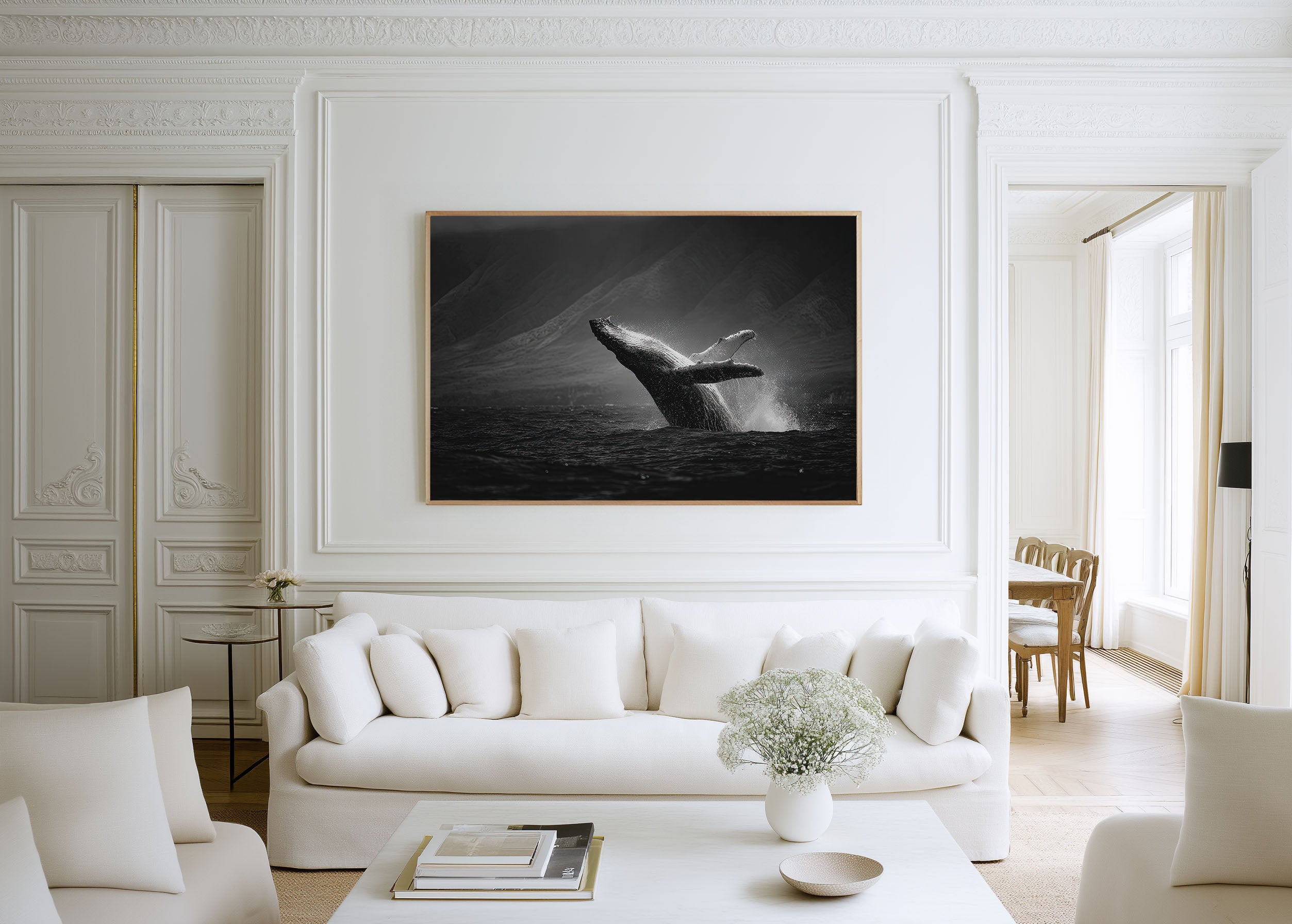 Humpback Whale Black and White Wall Art Print – Ocean Wildlife Canvas
