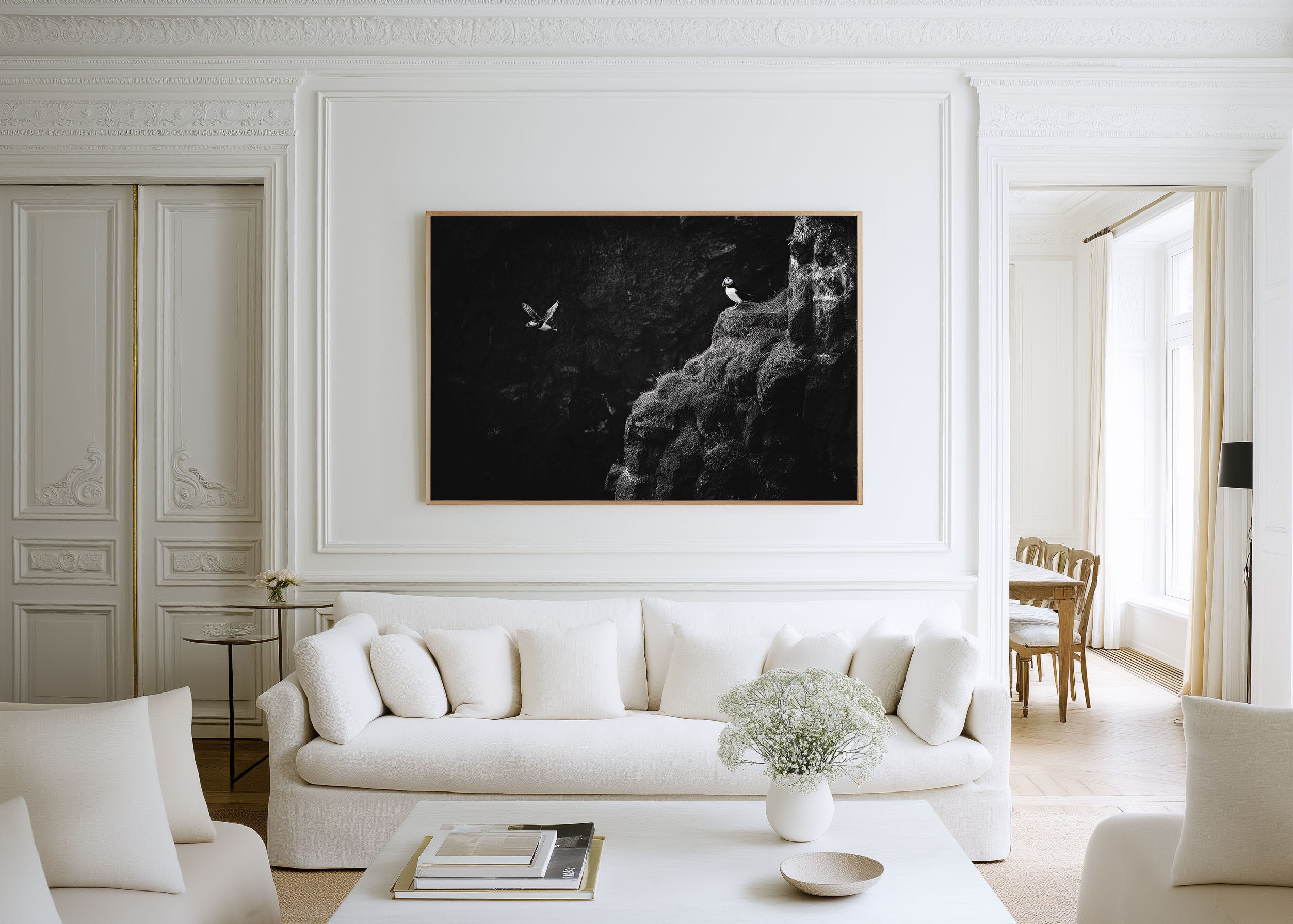 Iceland Puffins Black & White Wildlife Wall Art Print