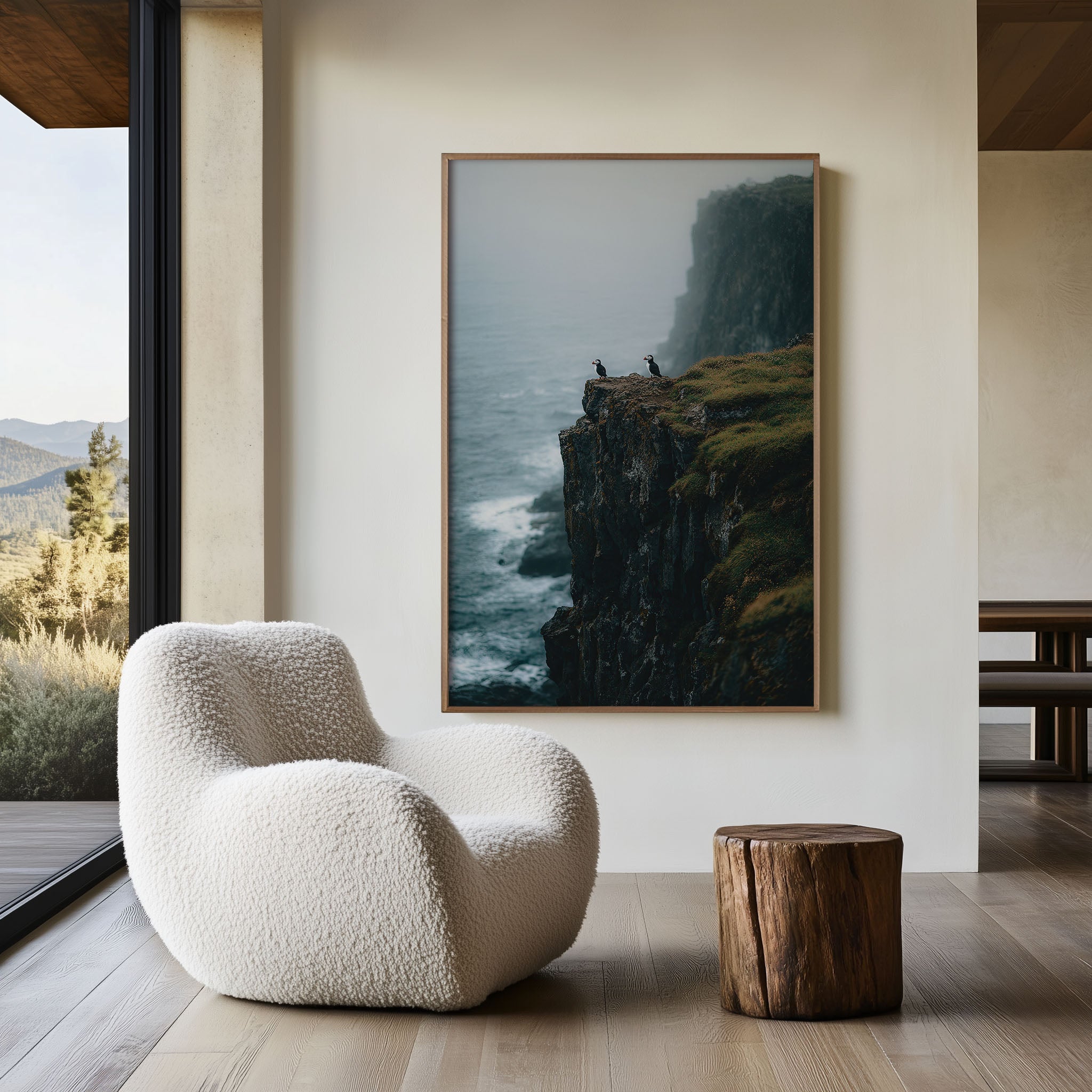 Iceland Puffins Wall Art Print – Misty Ocean Cliff Canvas, Moody Coastal Wildlife Photography, Nordic Landscape Decor