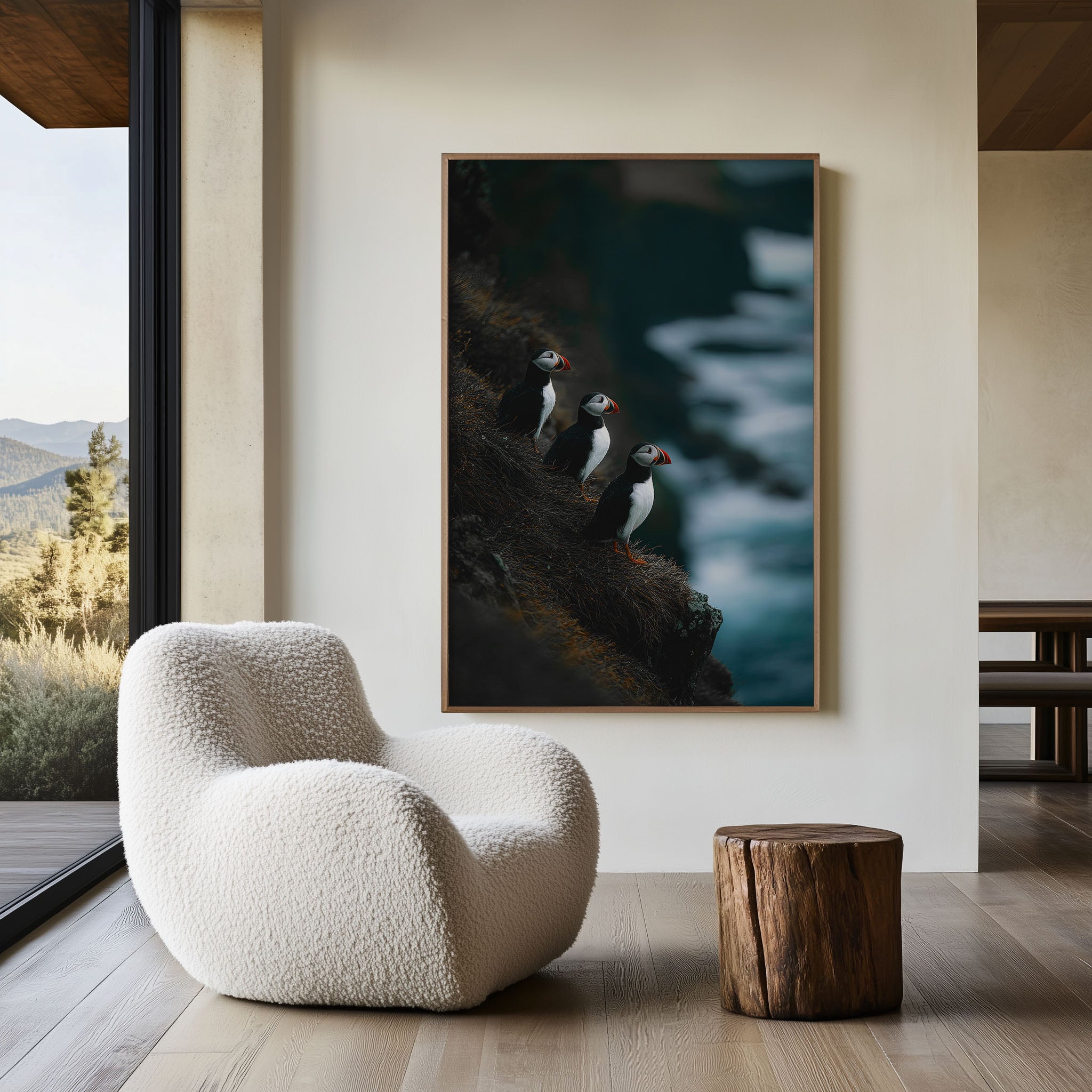 Atlantic Puffins Wall Art Print – Iceland Rocky Cliff Canvas, Coastal Wildlife Photography, Nordic Nature Decor