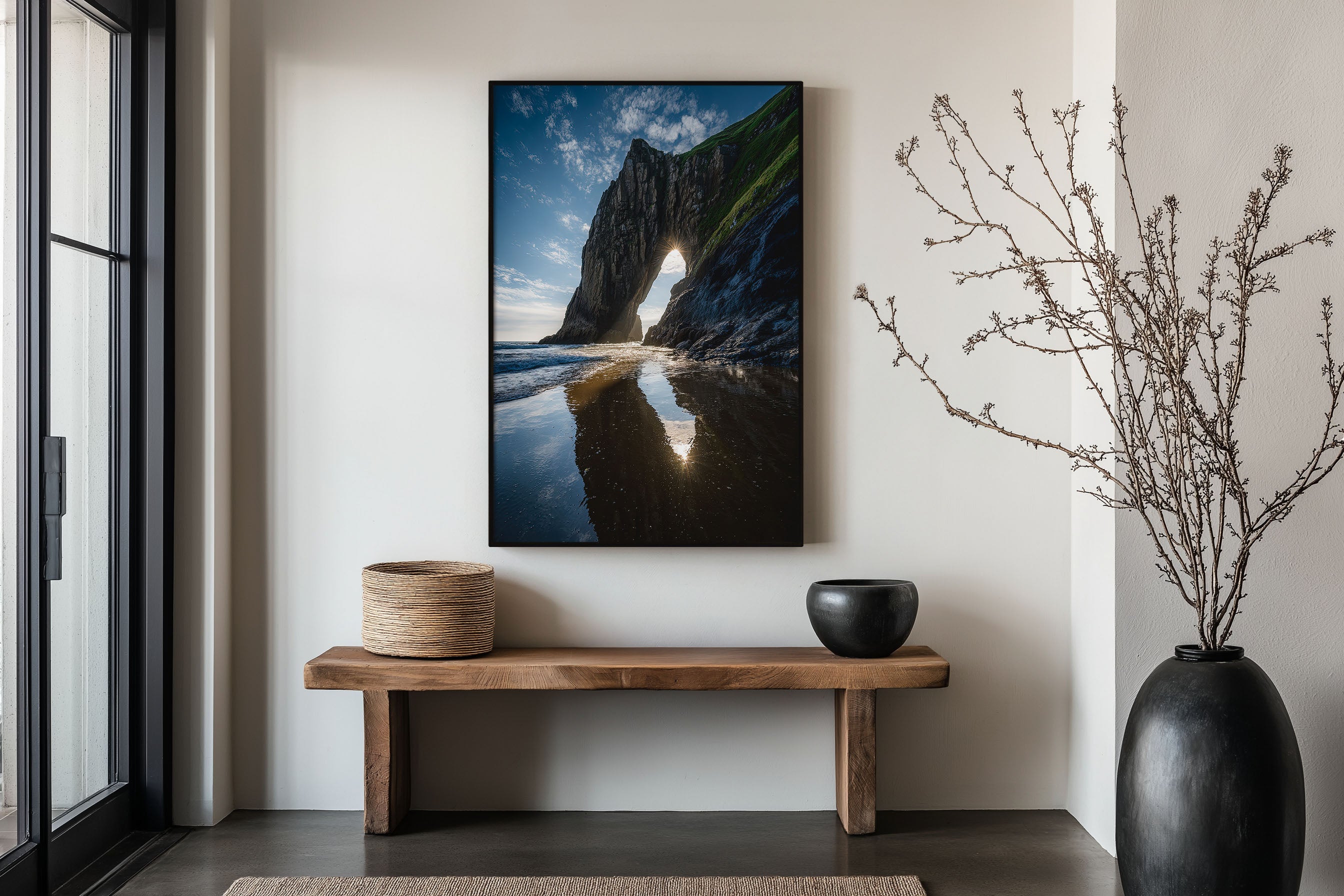 Irish Coast Print | Sea Arch Sunburst Wall Art | Ireland Coastal Rock Formation | Ocean Beach Photography Poster