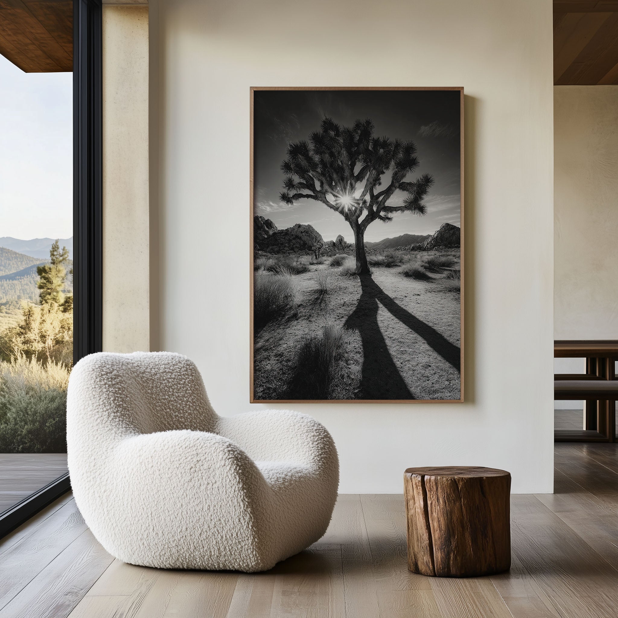 Joshua Tree Desert Sunburst Black and White Wall Art Print | California Desert Photography Poster | Minimalist Nature Decor