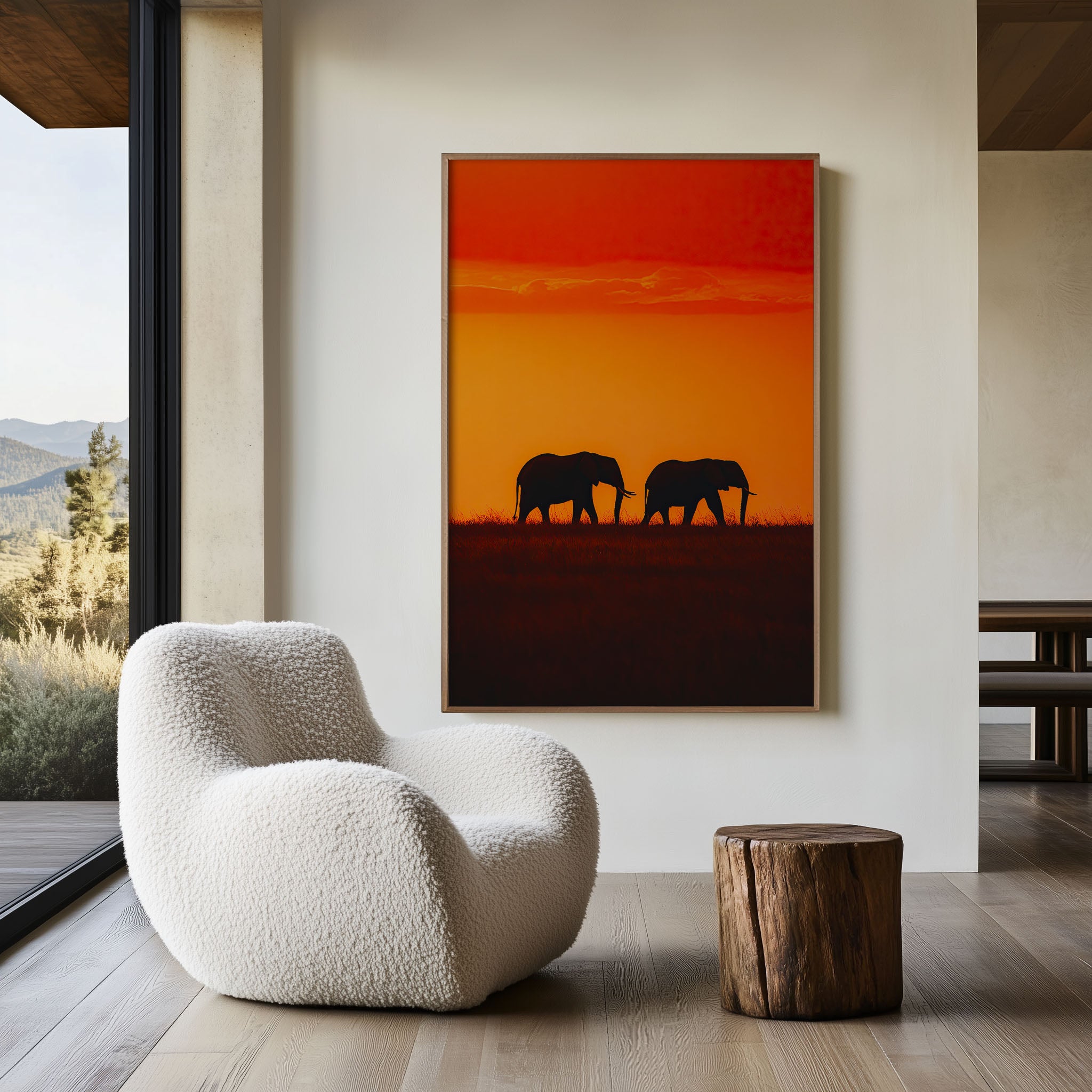 Kenya Elephant Duo Silhouette Red Sunset Wall Art Print | African Safari Wildlife Photography Poster | Savanna Nature Decor