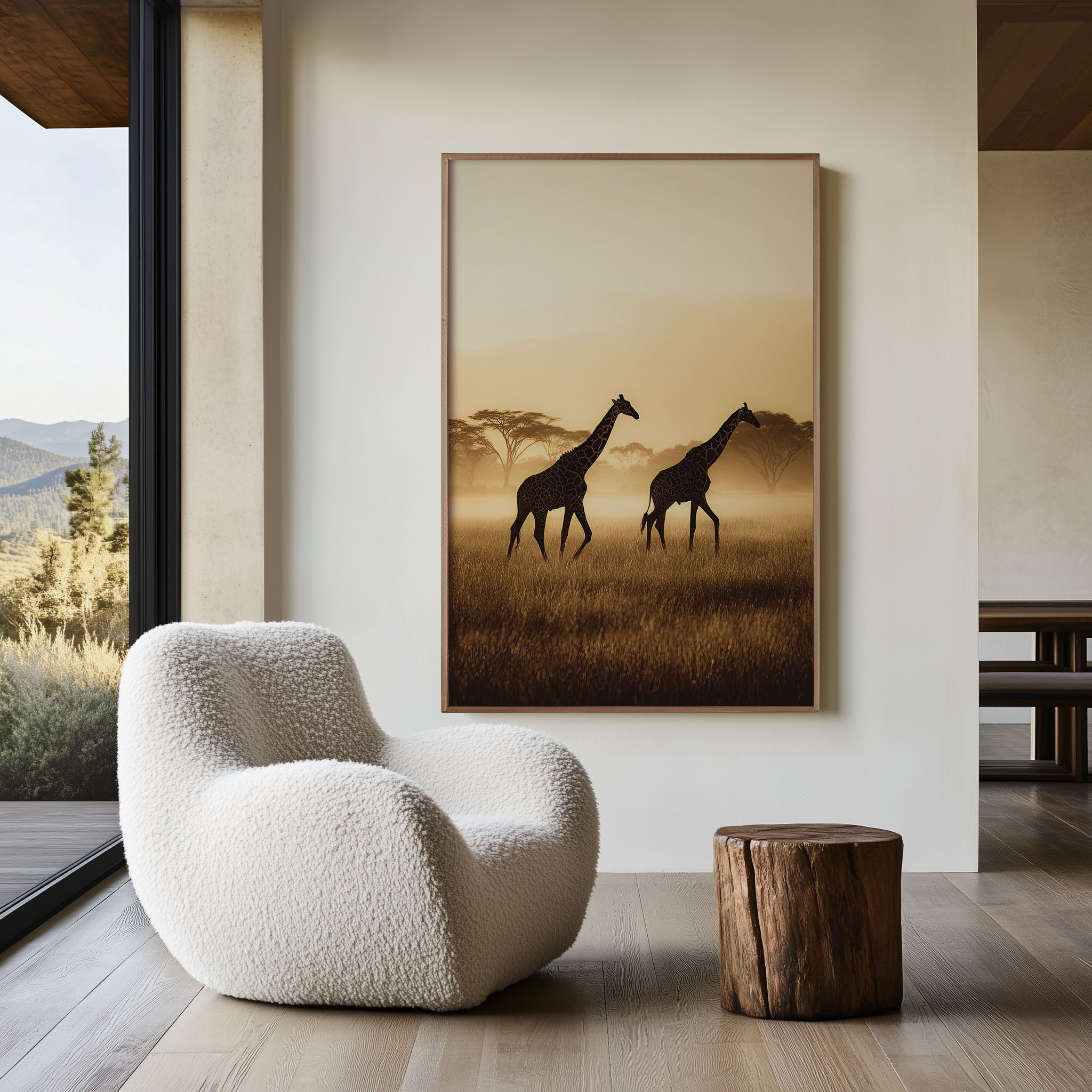 Kenya Giraffe Pair Golden Savannah Morning Mist Wall Art Print | African Wildlife Photography Poster | Safari Nature Decor