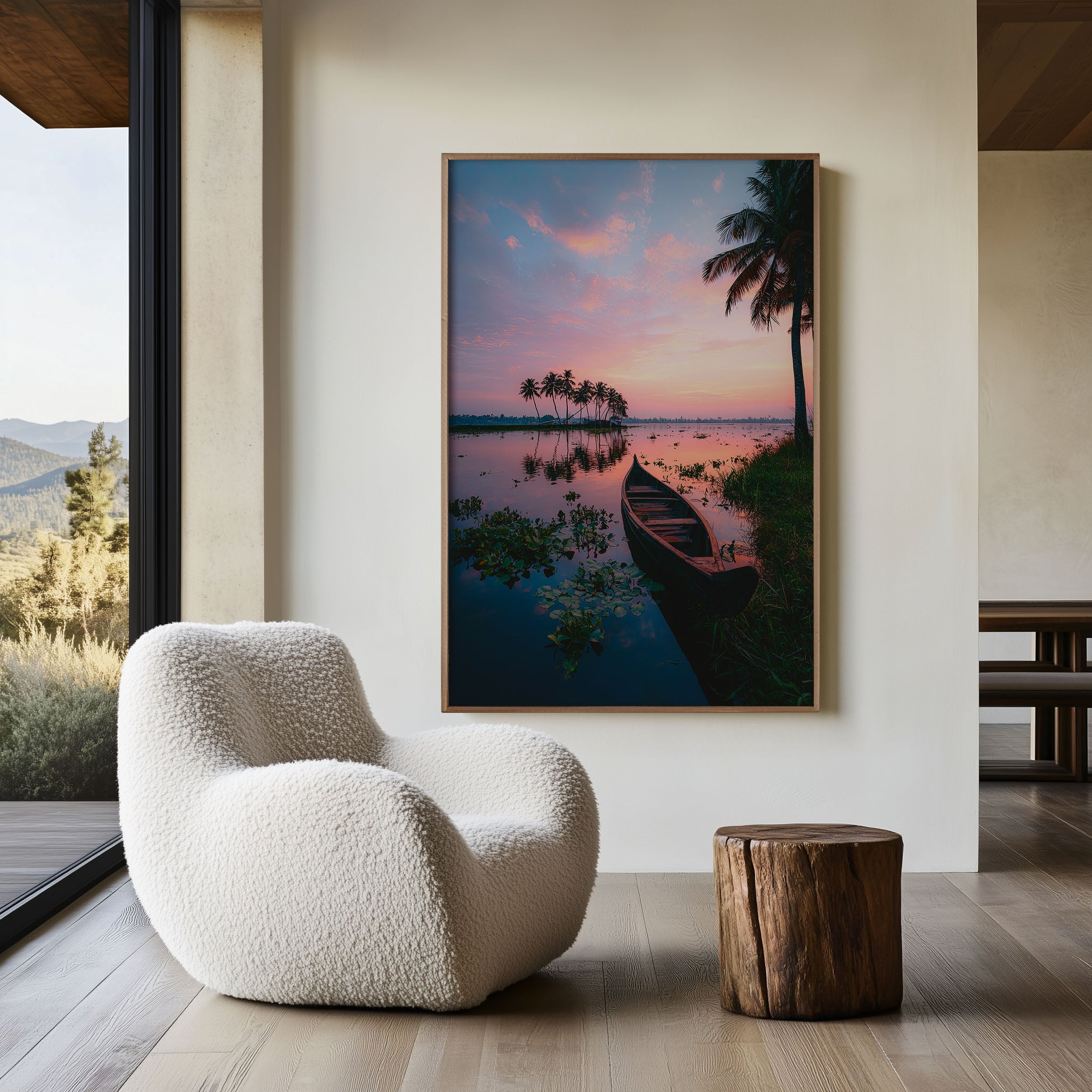 Kerala Backwaters Wooden Boat Pink Sunset Wall Art Print | India Travel Photography Poster | Tropical Waterway Nature Decor