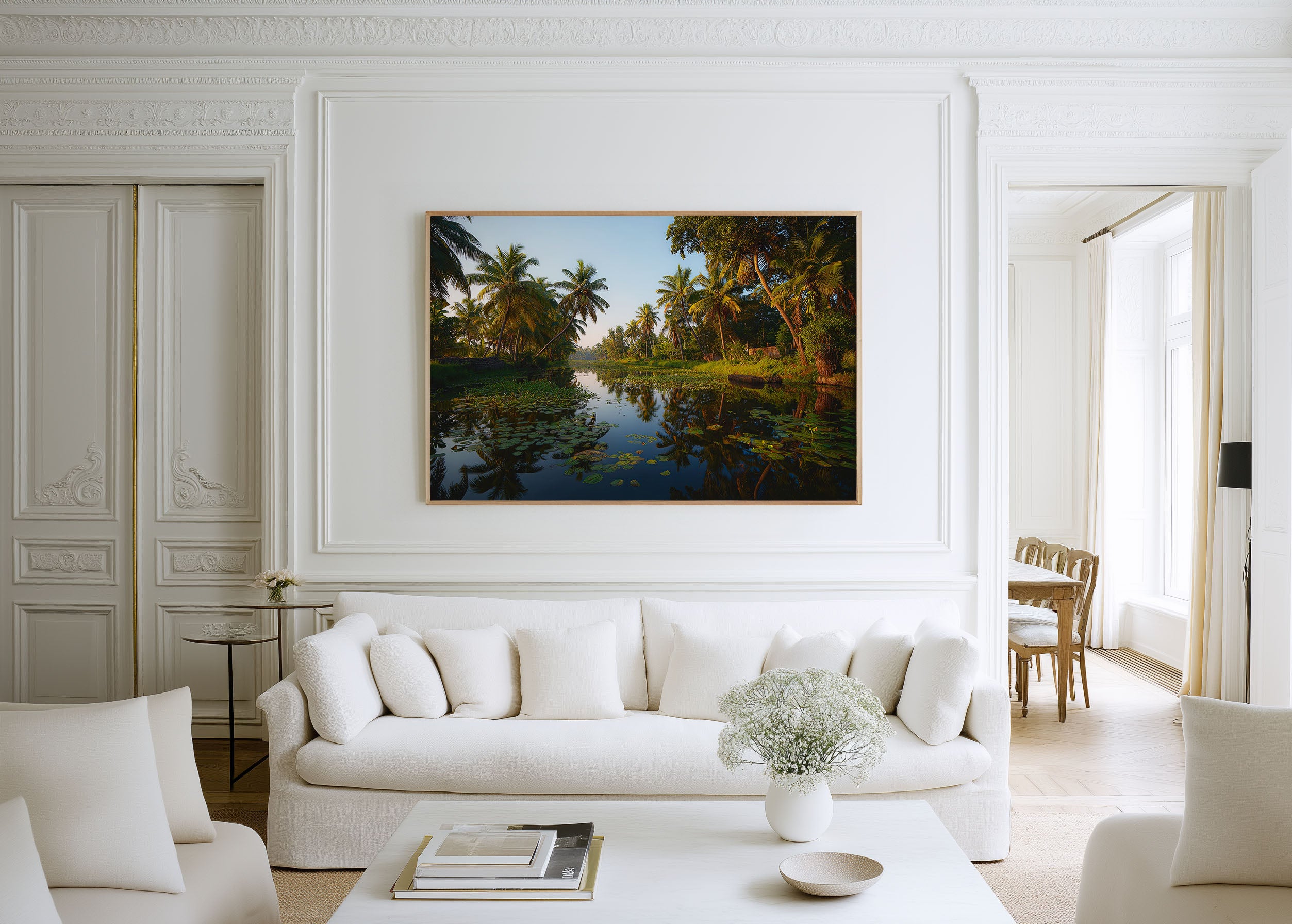 Kerala Palm River Reflections Wall Art Print – Tropical Backwater Landscape