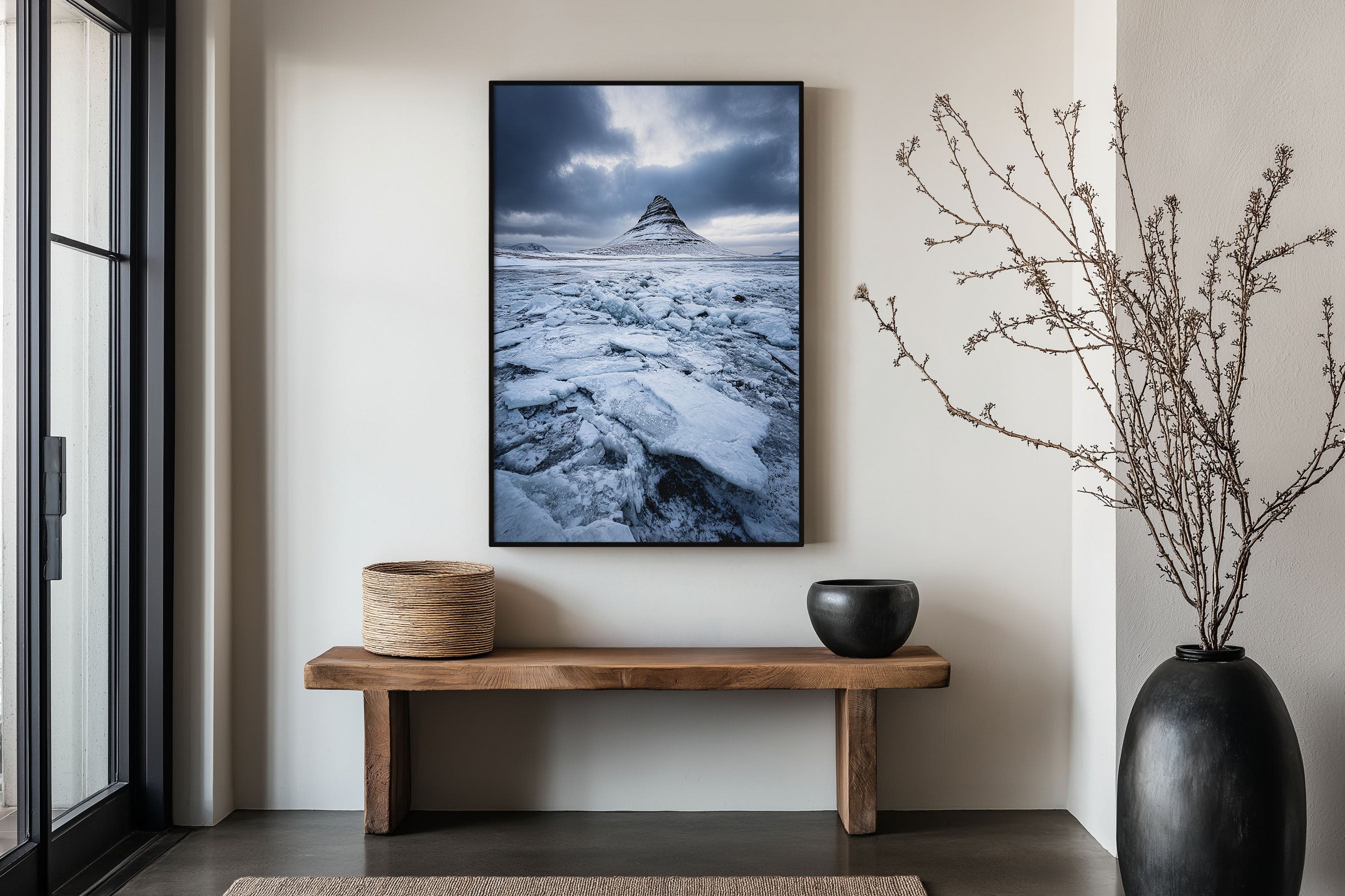 Kirkjufell Winter Broken Ice Wall Art Print | Iceland Snow Mountain Photography | Arctic Frozen Landscape Moody Poster