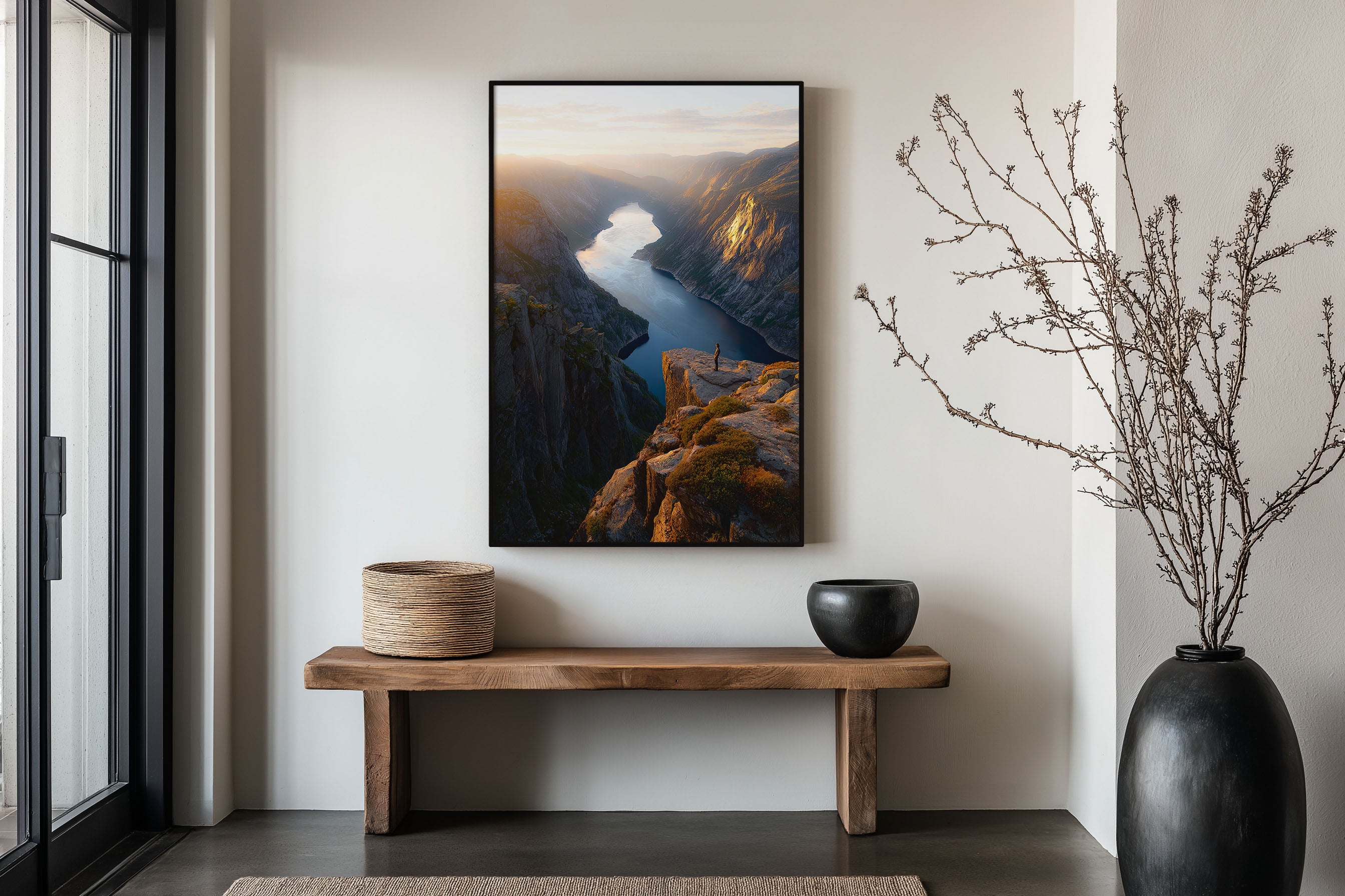 Kjerag Norway Fjord Print | Norwegian Cliff Overlook Wall Art | Lysefjord Sunset Hiker Landscape Photography Poster