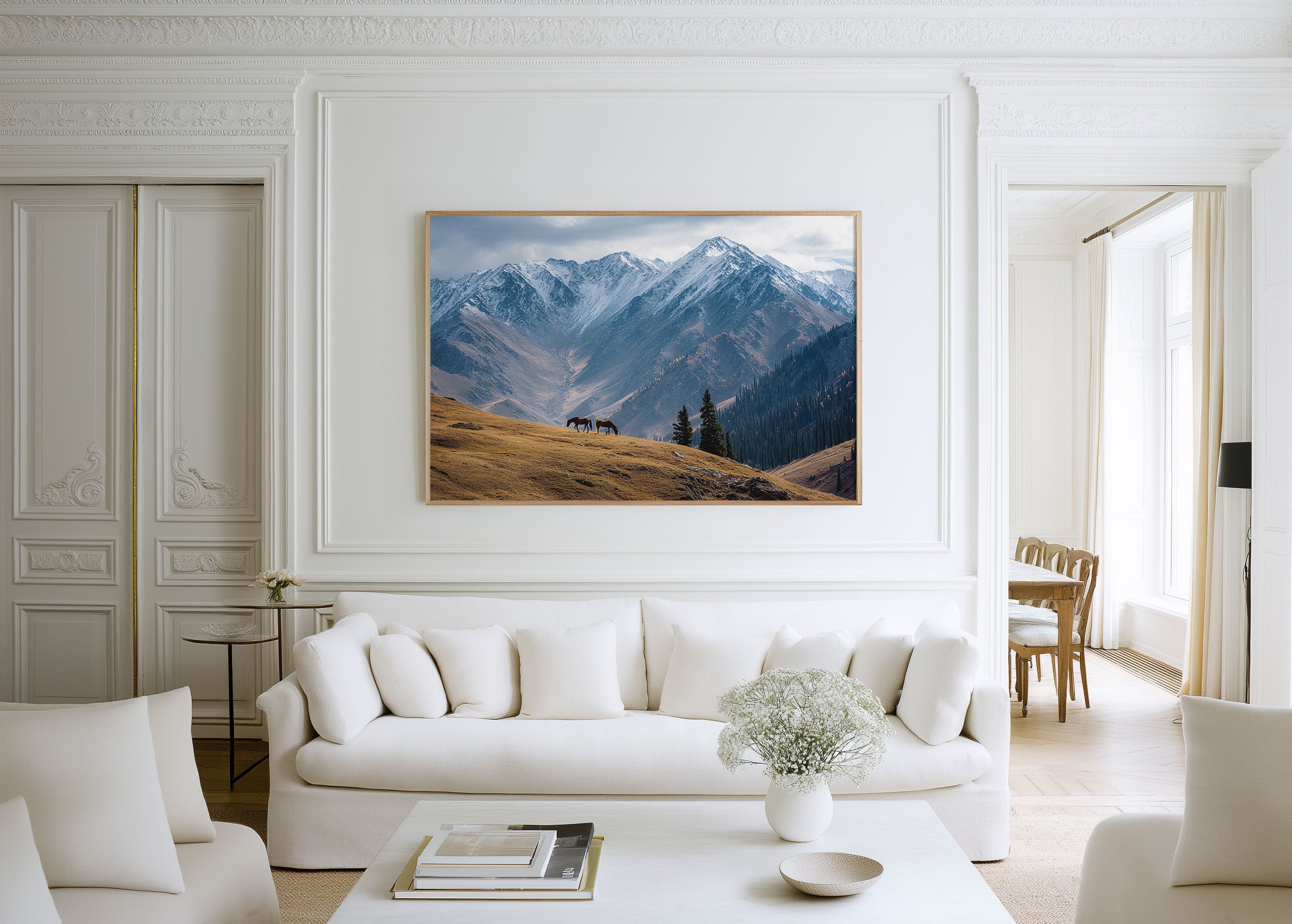 Wild Horses Mountain Landscape Wall Art – Snowy Peaks Nature Photography Print