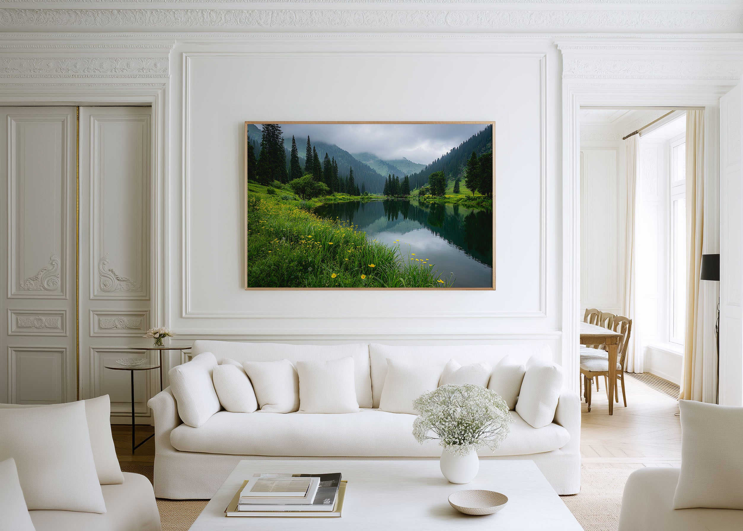 Kolsai Lake Wildflower Meadow Wall Art – Serene Mountain Lake Landscape Print