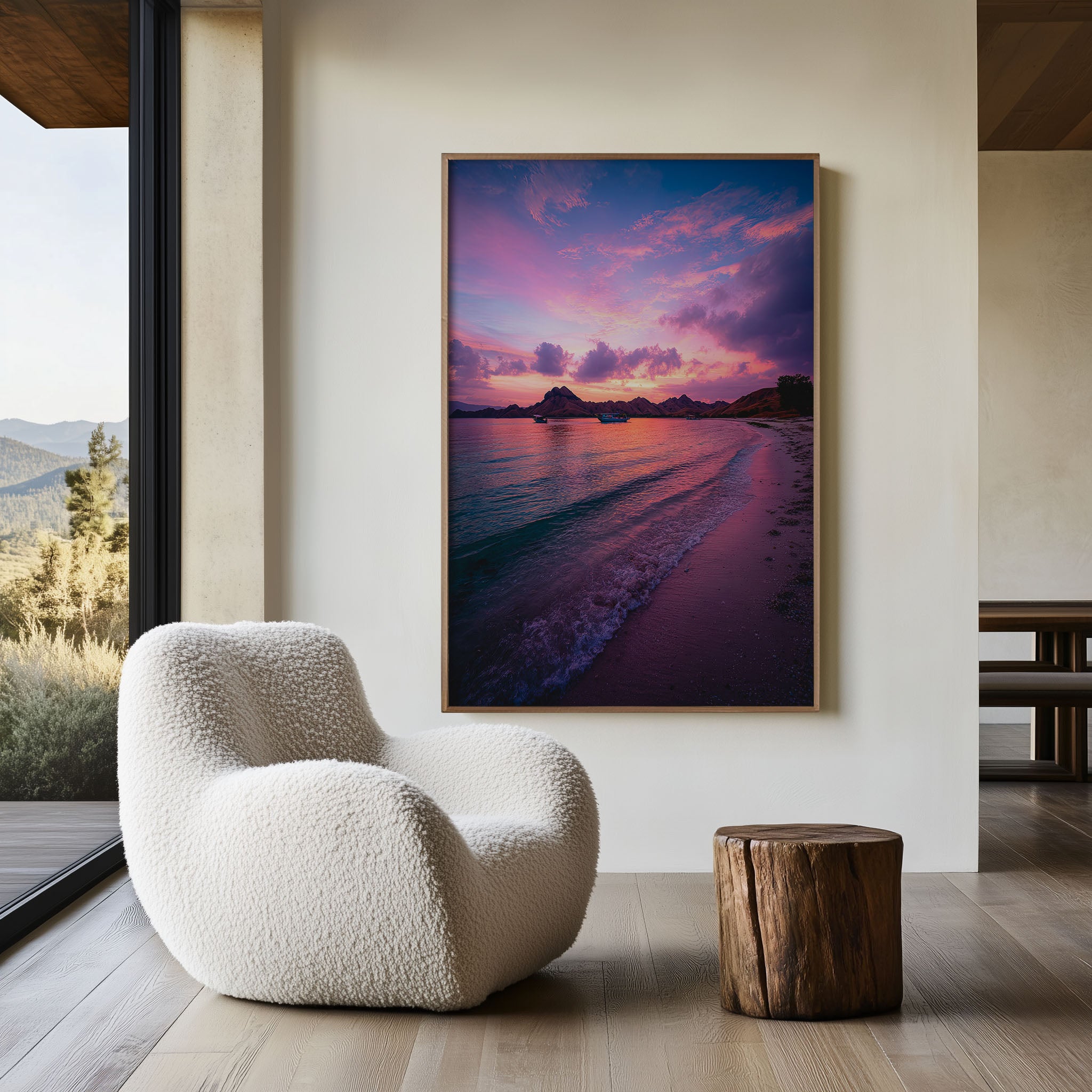 Komodo Island Pink Beach Sunset Volcanic Mountains Wall Art Print | Indonesia Travel Photography Poster | Tropical Coastal Decor