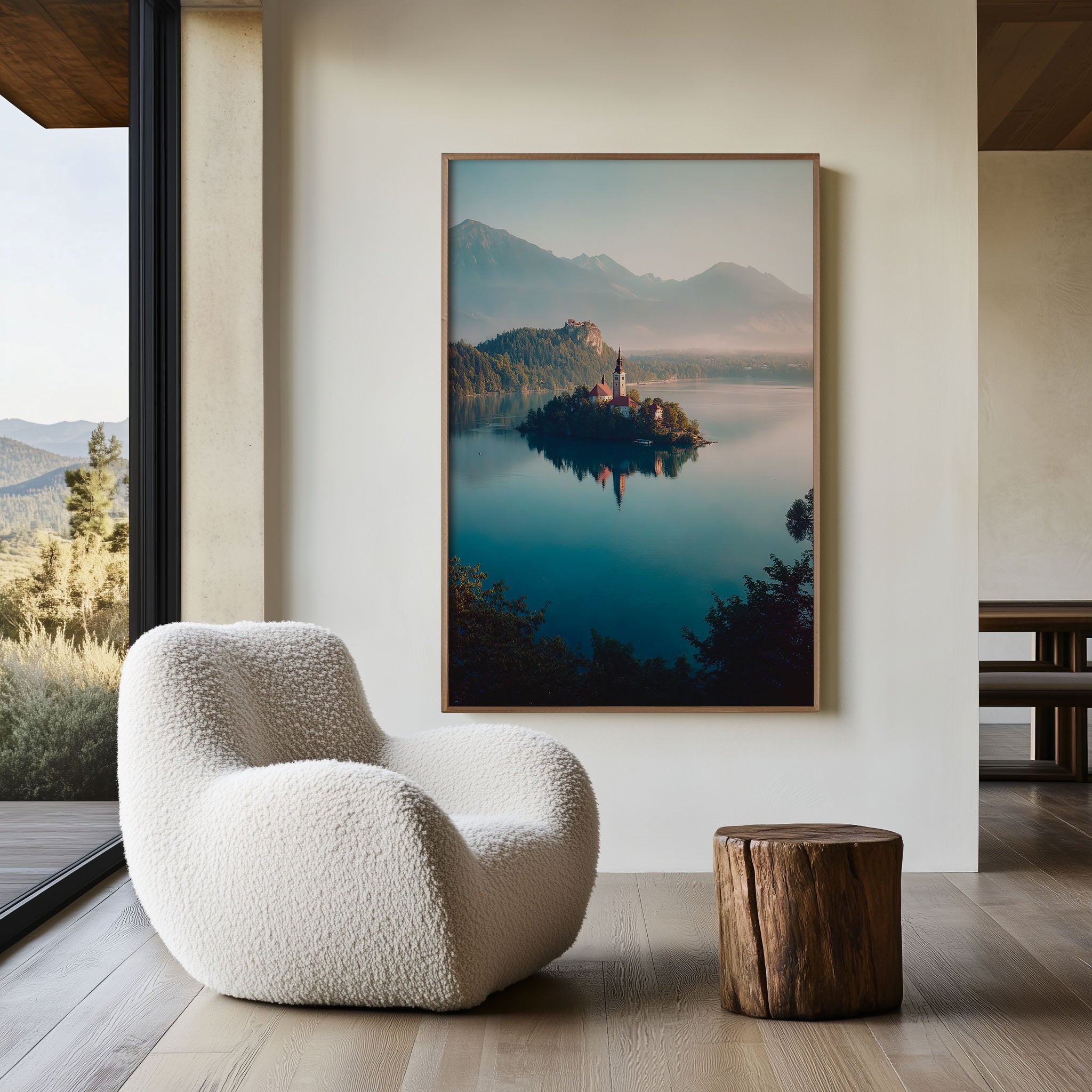 Lake Bled Sunrise Wall Art Print | Slovenia Island Church Alpine Photography | Julian Alps Morning Mist Landscape Poster | European Travel Print | Dreamy Pastel Home Decor