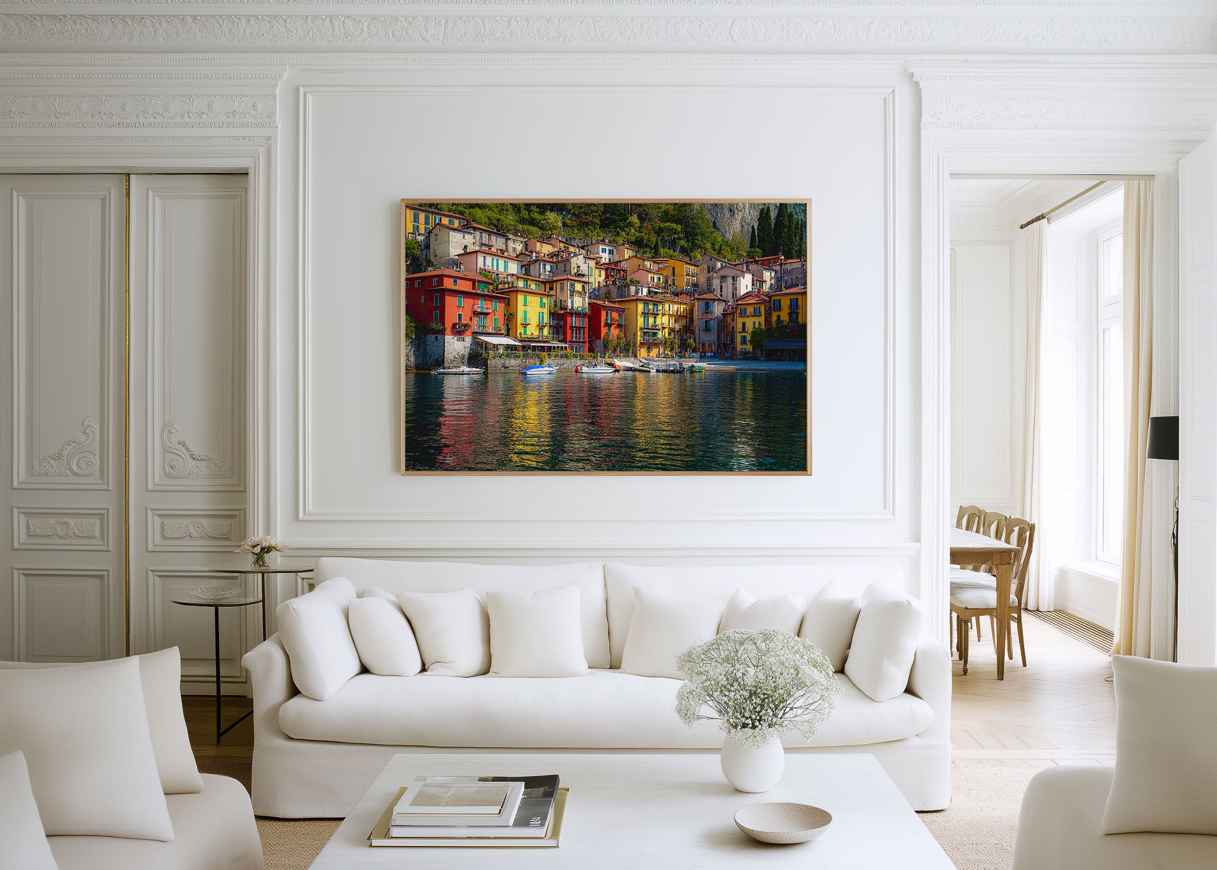 Lake Como Colorful Village Wall Art Print – Italian Waterfront Reflection