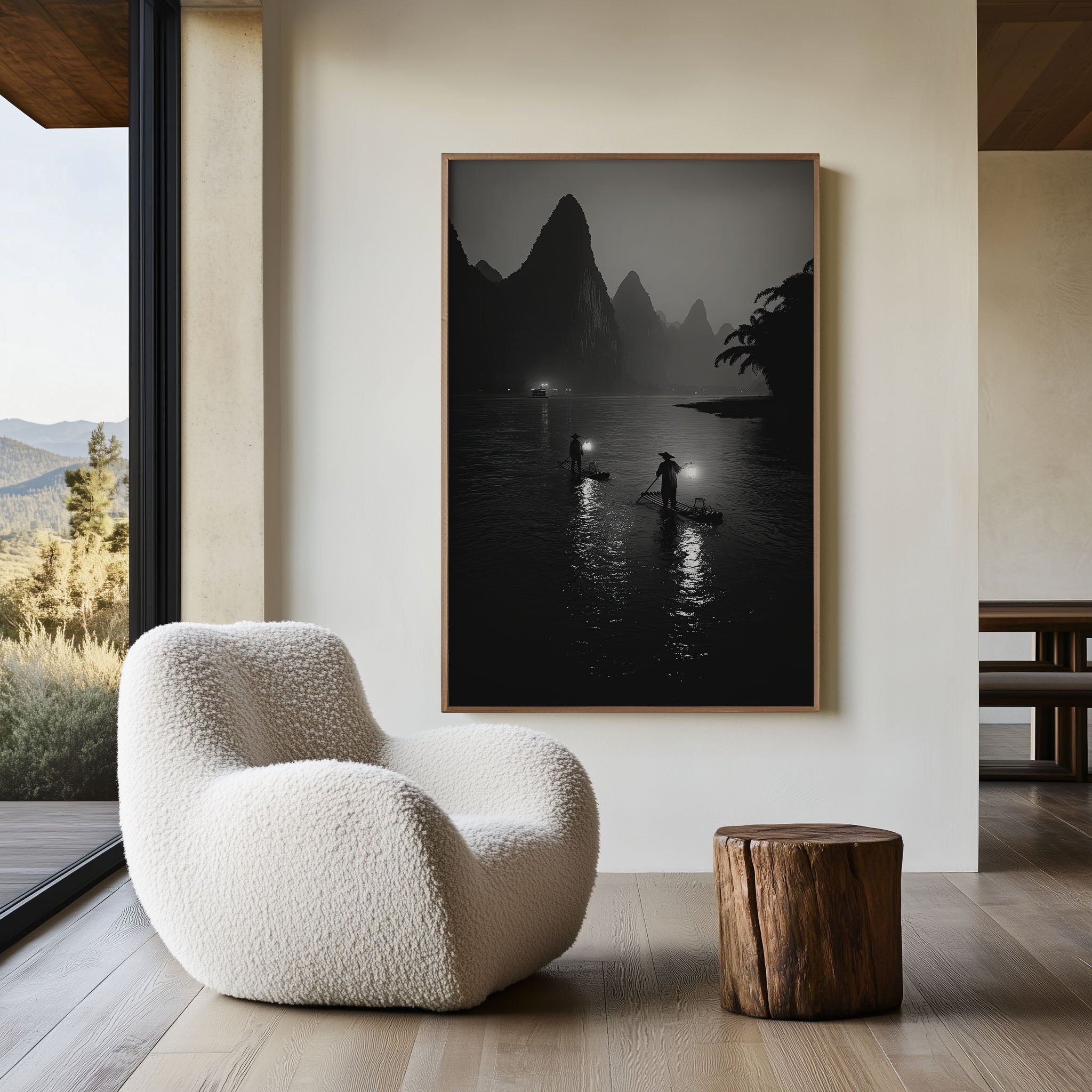 Li River Fishermen at Night Wall Art | Guilin China Black & White Karst Landscape Print | Traditional Asia Travel Photography