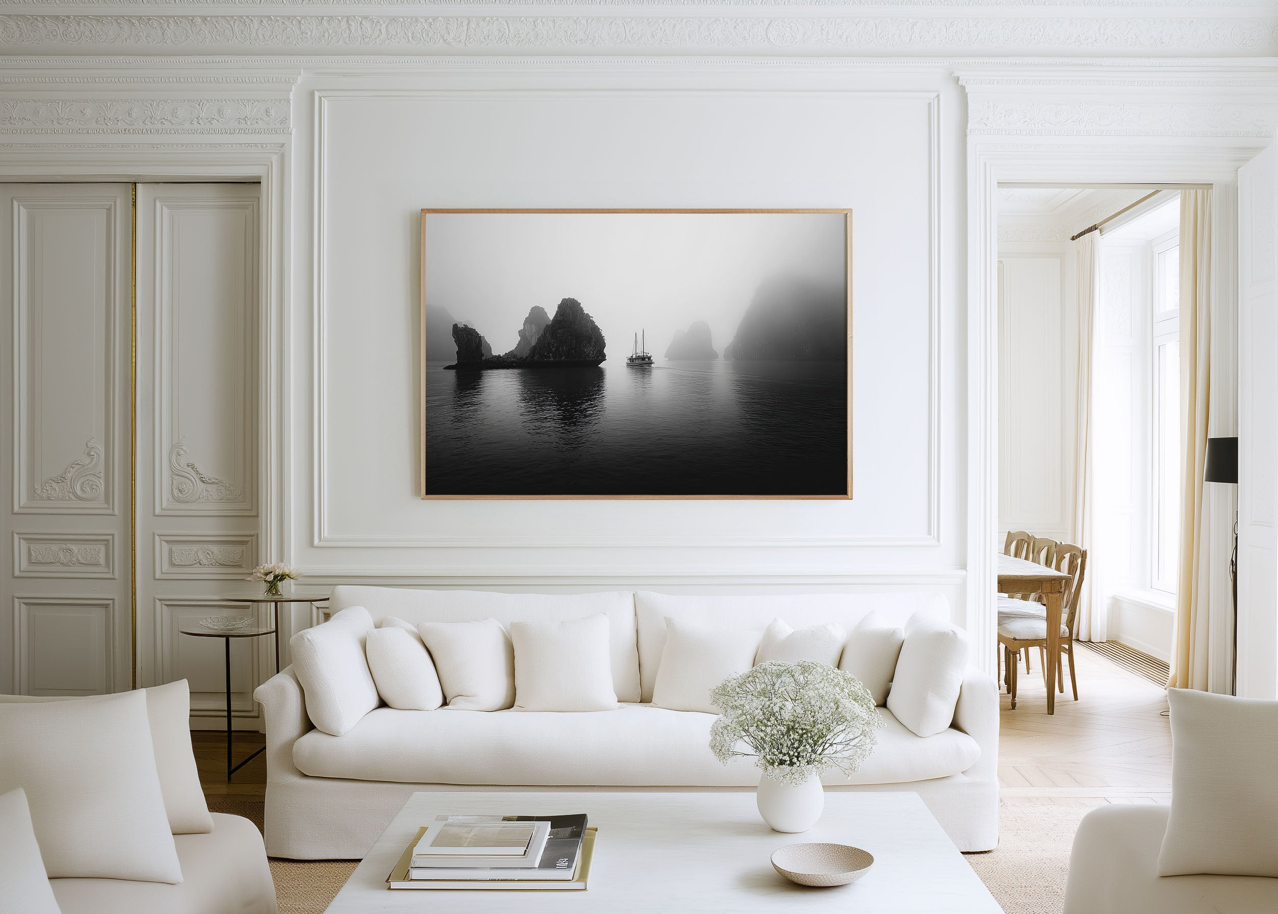 Limestone Cliffs Boat Black & White Wall Art Print