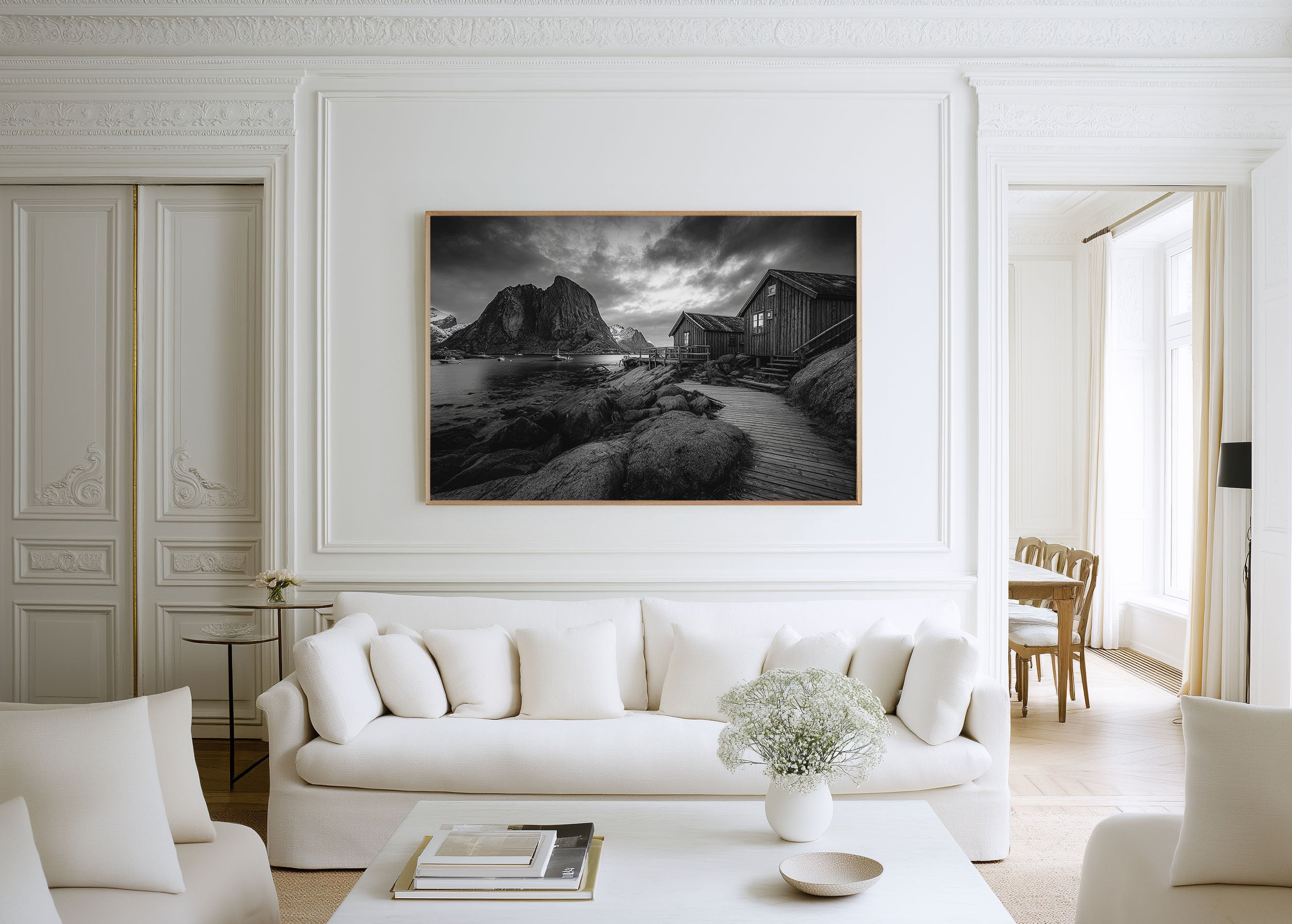 Lofoten Coastal Cabins Wall Art Print – Black and White Norway Photography