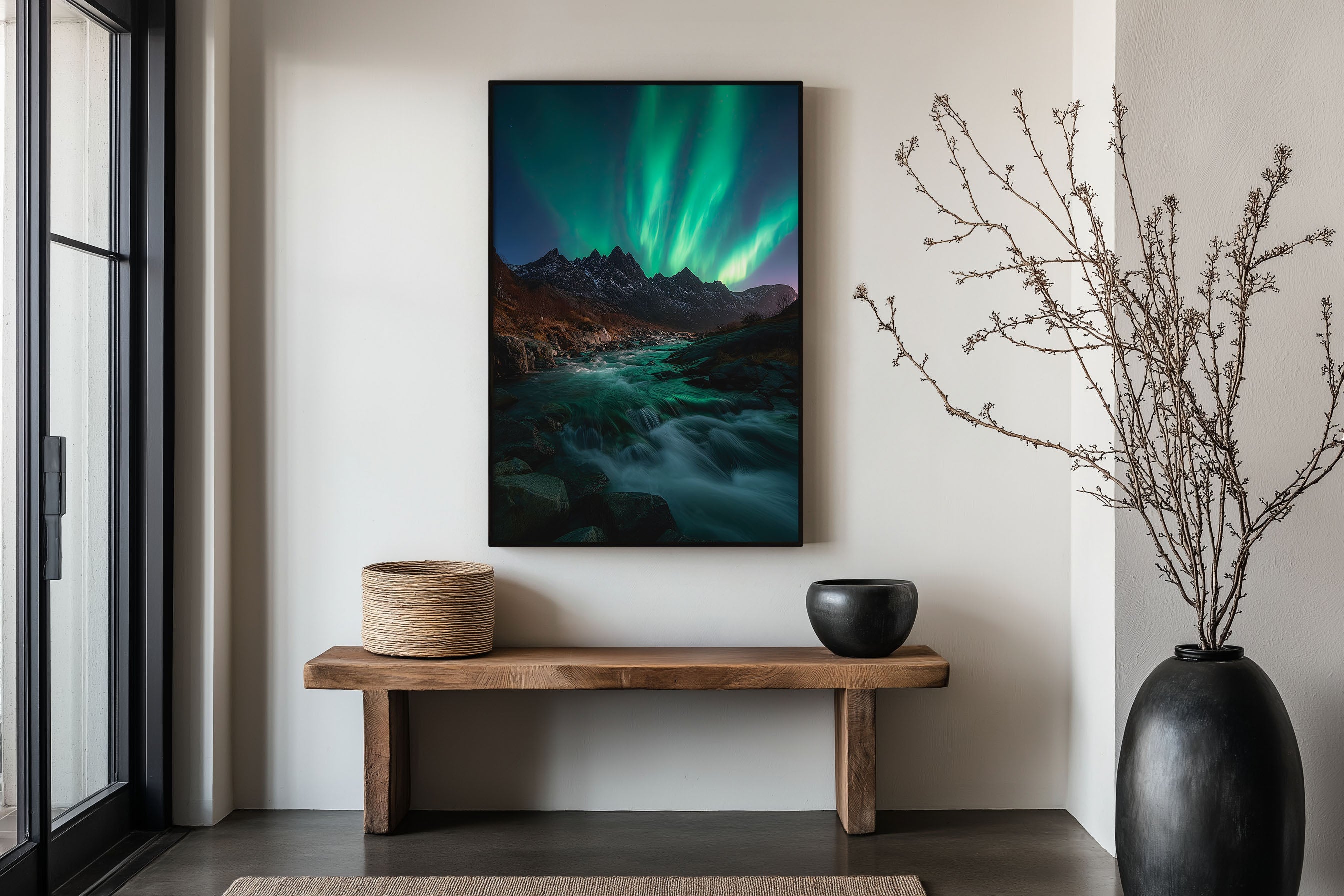 Lofoten Islands Northern Lights River Print | Norway Aurora Borealis Wall Art | Arctic Night Sky Mountain Stream Landscape Photography Poster