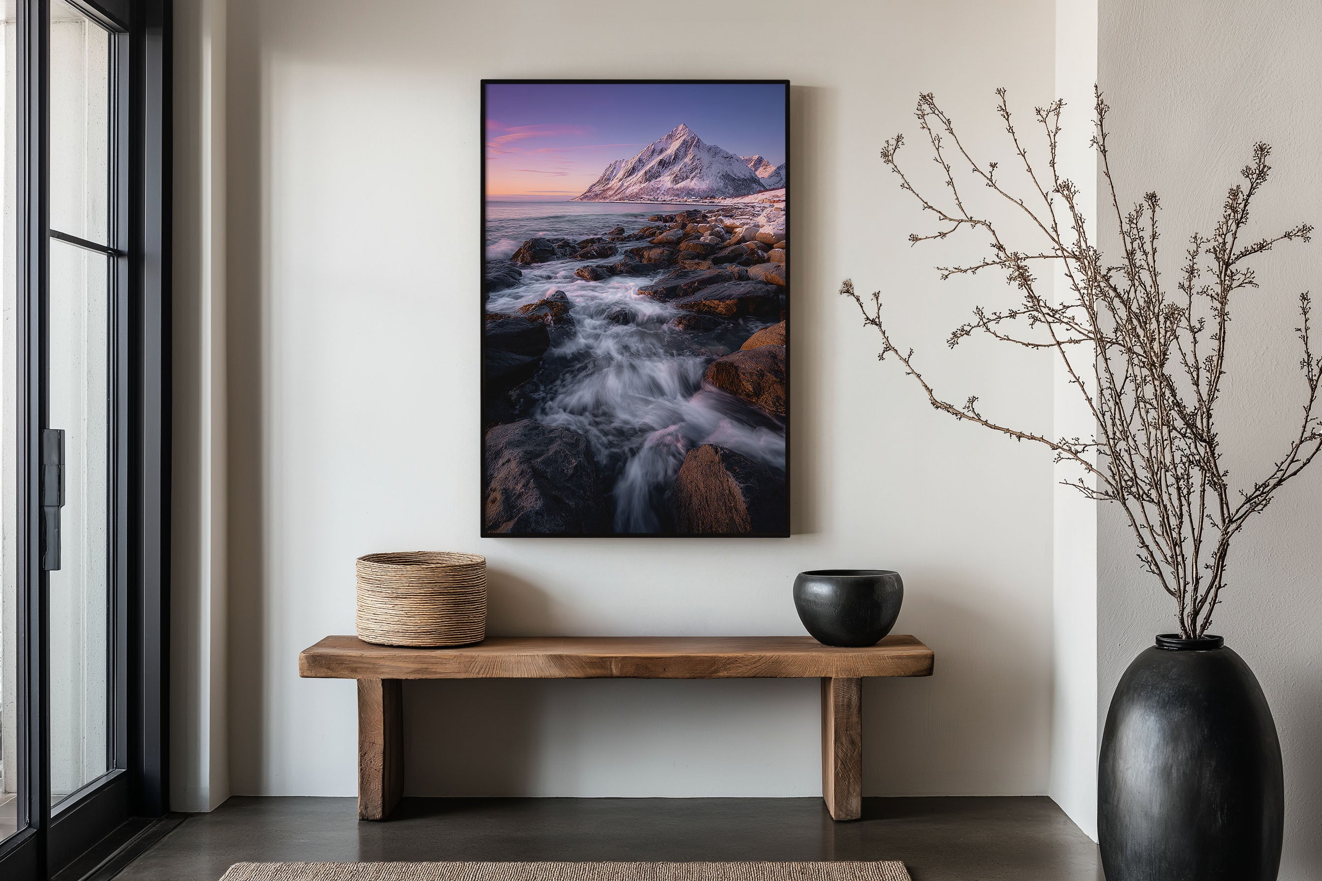 Lofoten Islands Winter Coastline Sunset Print | Norway Snow Mountain Wall Art | Arctic Rocky Shore Twilight Landscape Photography Poster