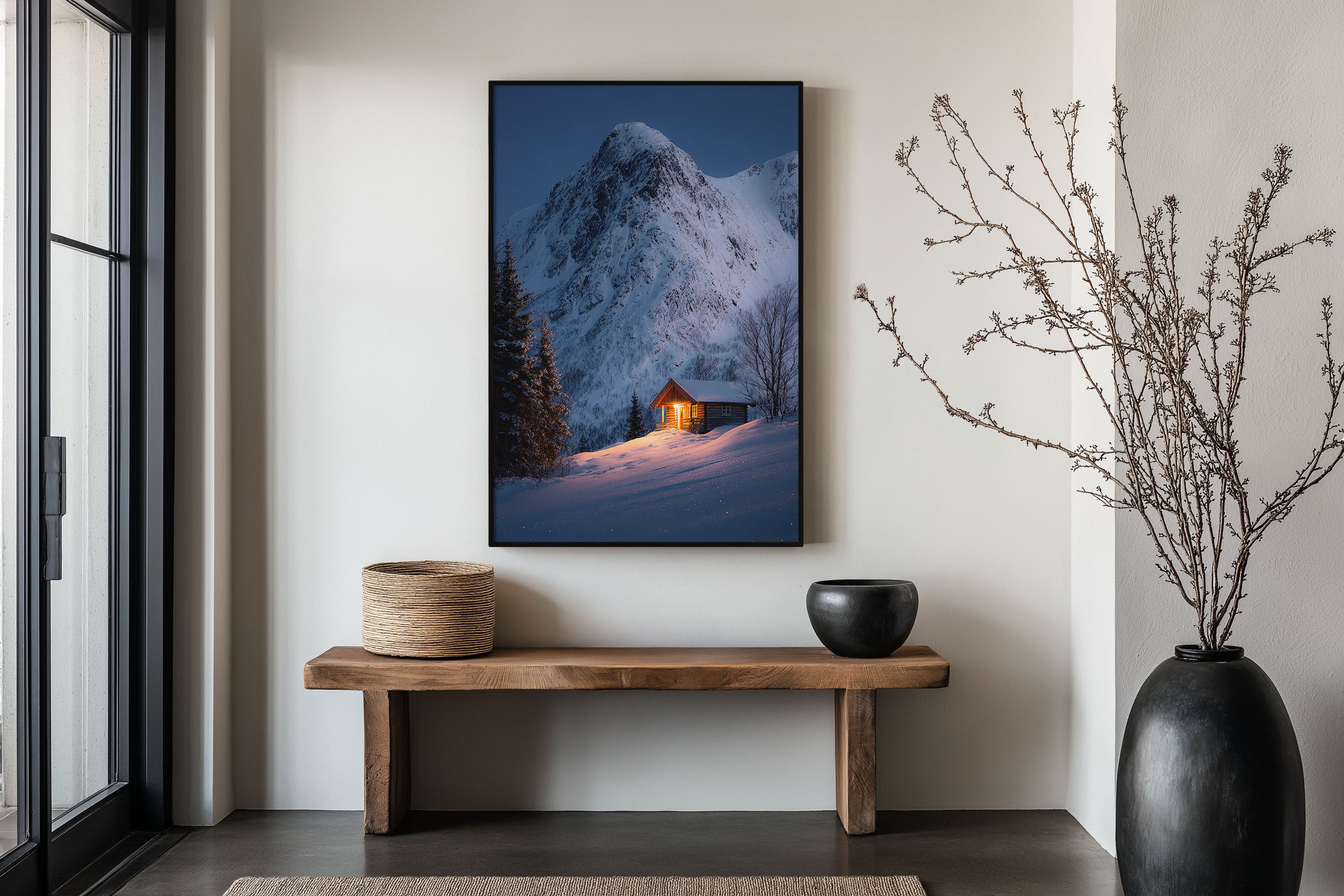 Lofoten Islands Norway Cabin Print | Winter Snow Mountain Wall Art | Nordic Wilderness Photography