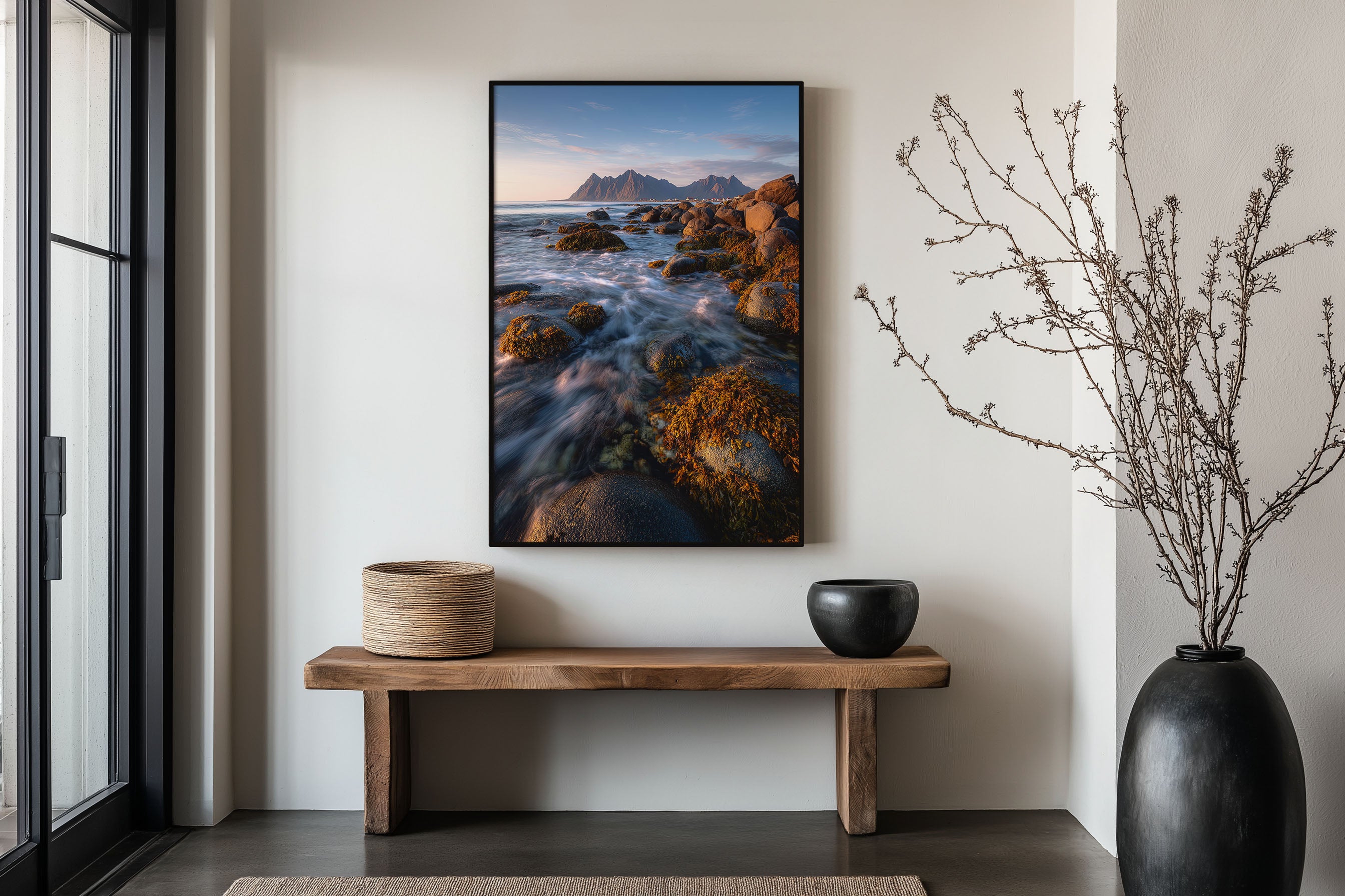 Lofoten Islands Rocky Coastline Print | Norway Coastal Wall Art | Lofoten Seaweed Rocks Silky Water Landscape Photography Poster