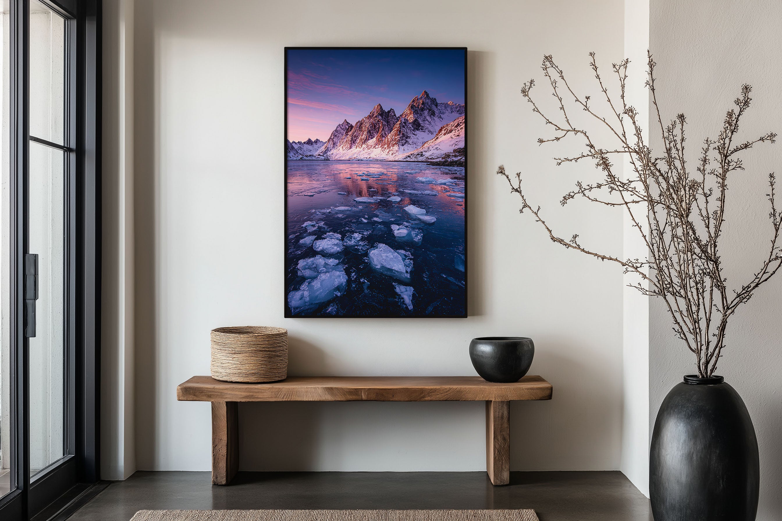 Lofoten Islands Frozen Fjord Sunset Print | Norway Arctic Winter Wall Art | Lofoten Ice Floe Pink Sky Mountain Landscape Photography Poster