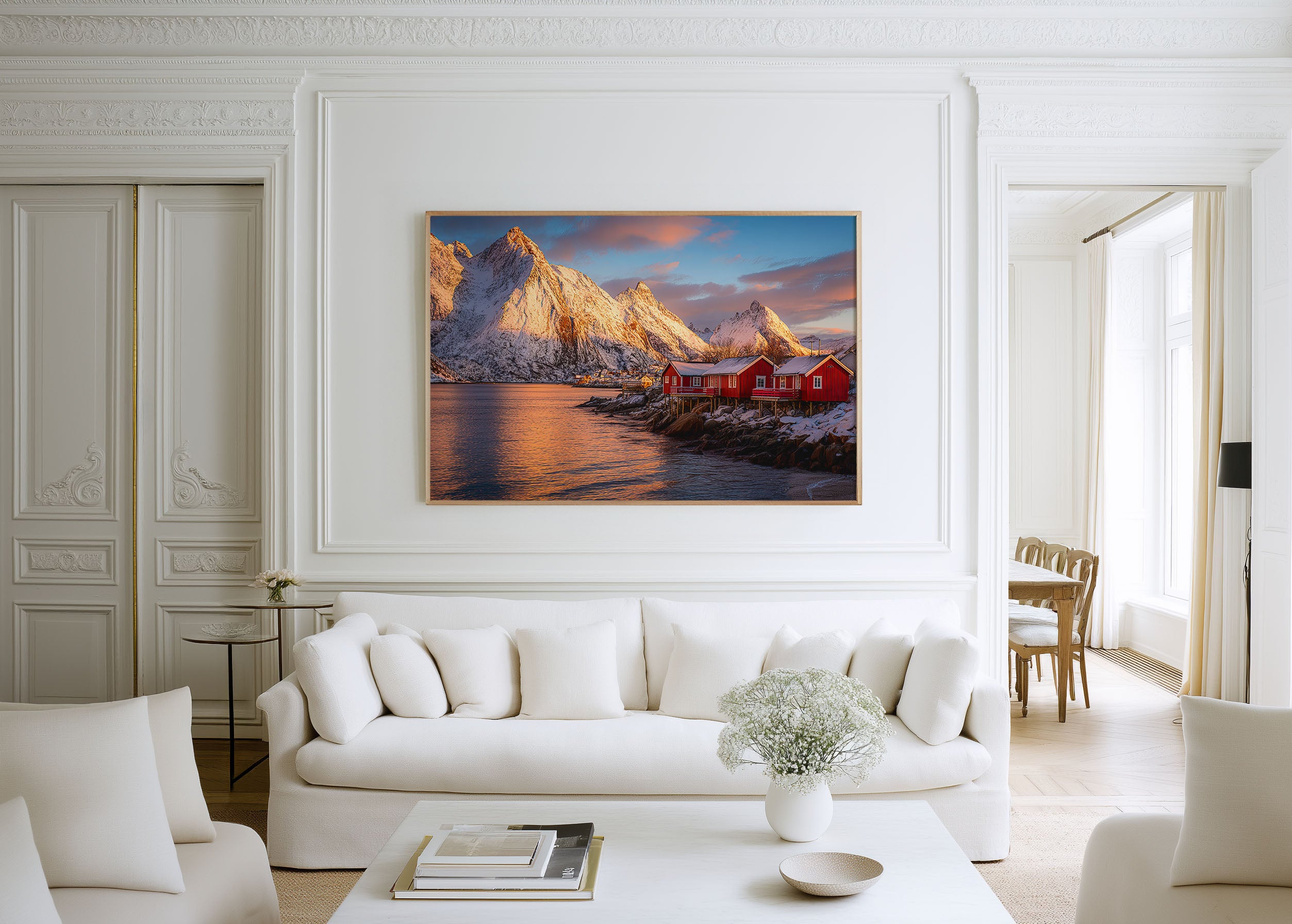 Lofoten Norway Red Cabins Wall Art Print – Snowy Fjord Sunset Landscape