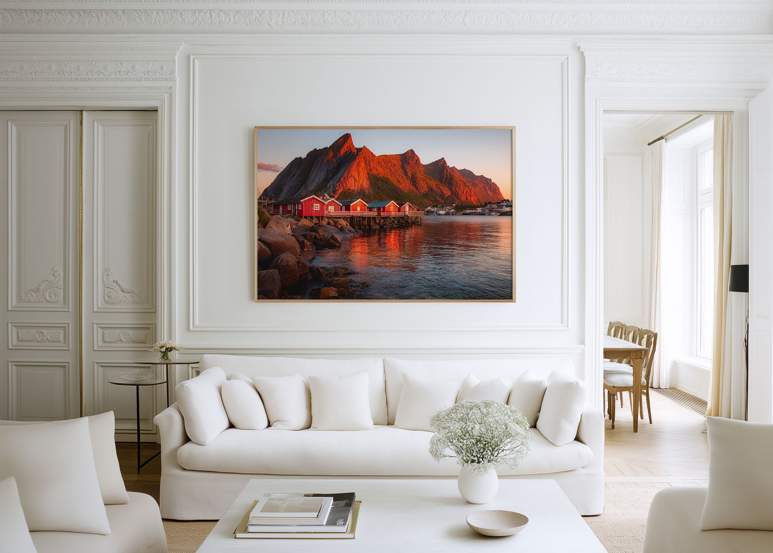 Lofoten Norway Red Fishing Cabins Sunset Wall Art Print – Nordic Fjord Landscape