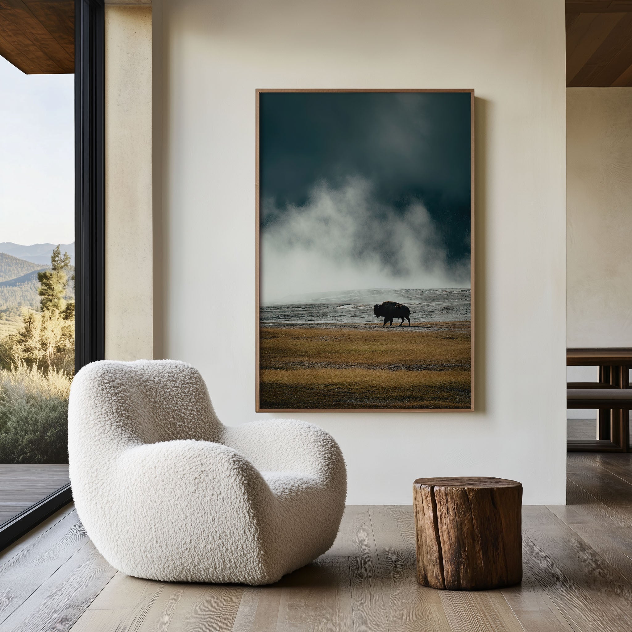 Yellowstone Lone Bison Wall Art Print | Geothermal Mist Wildlife Photography | Wyoming Landscape Poster | American West Nature Print | Minimalist Home Decor