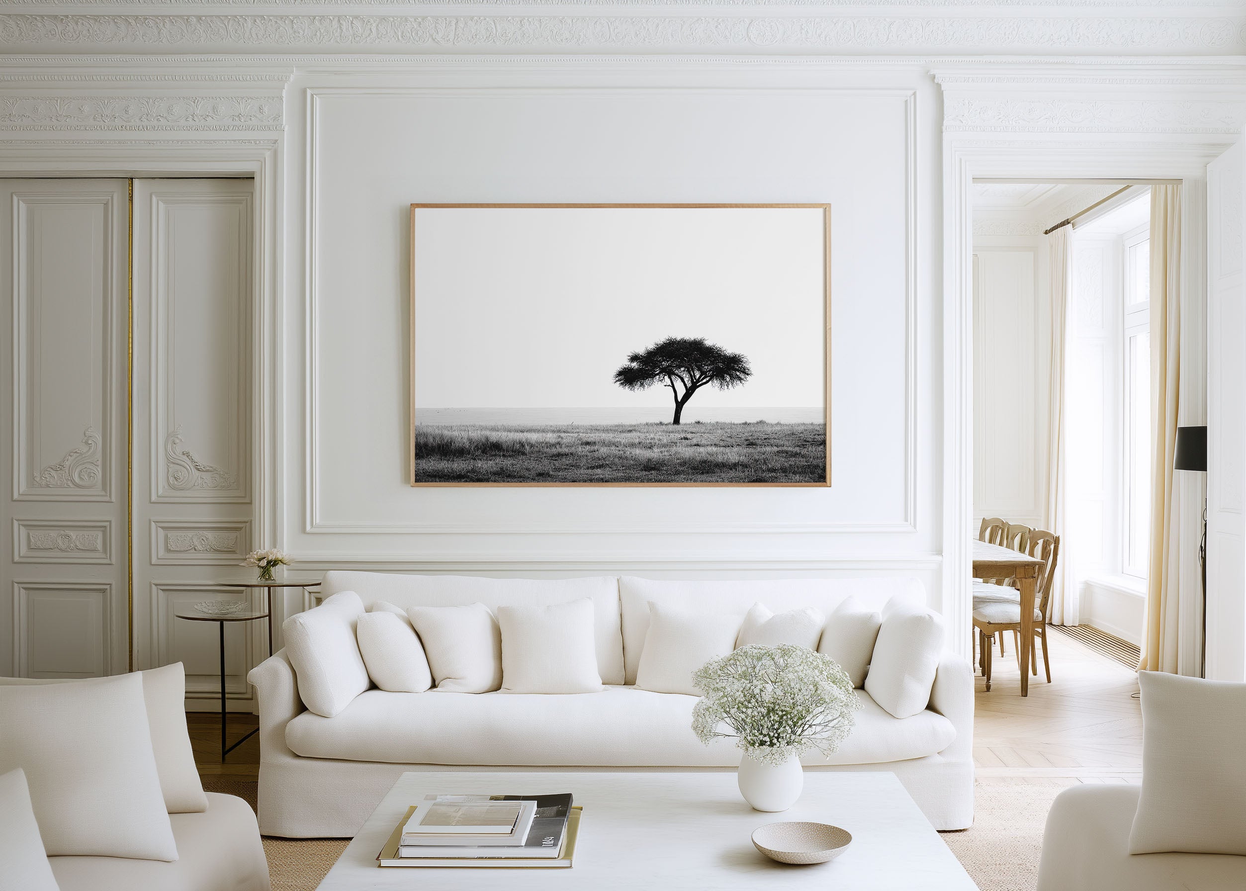 Lone Acacia Tree African Savannah Print | Black and White Safari Wall Art | Serengeti Minimalist Photography