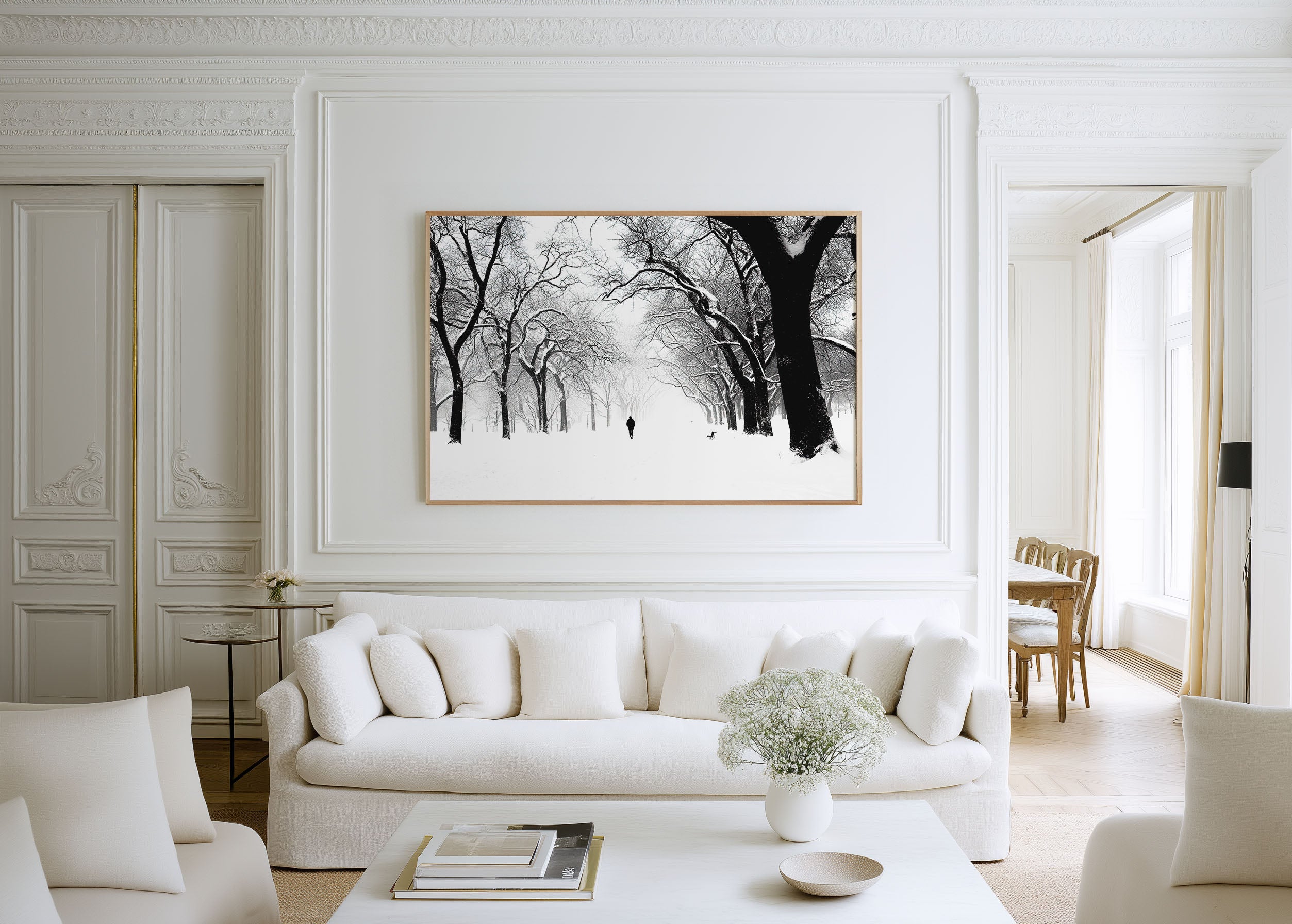 Snow-Covered Park Avenue Winter Print | Black and White Urban Trees Wall Art | Lone Figure Snowstorm Photography