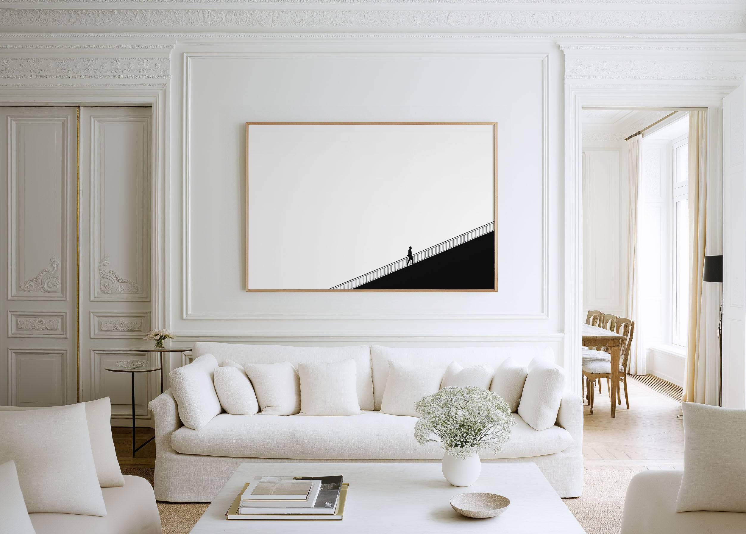 Lone Figure Diagonal Bridge Print | Ultra Minimalist Black and White Wall Art | Urban Architecture Photography