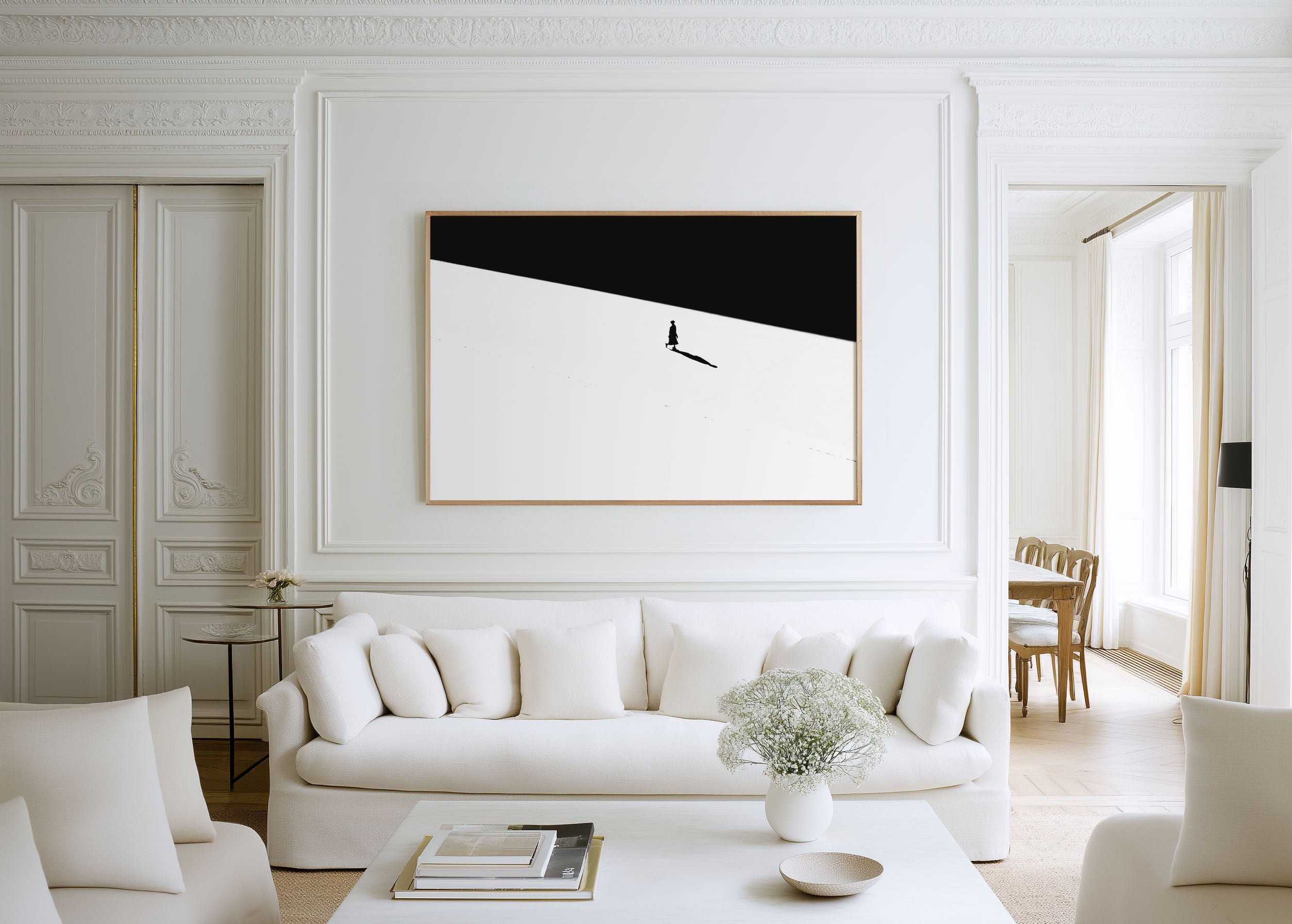 Lone Figure on Vast White Salt Flat | Minimalist Black & White Fine Art Print