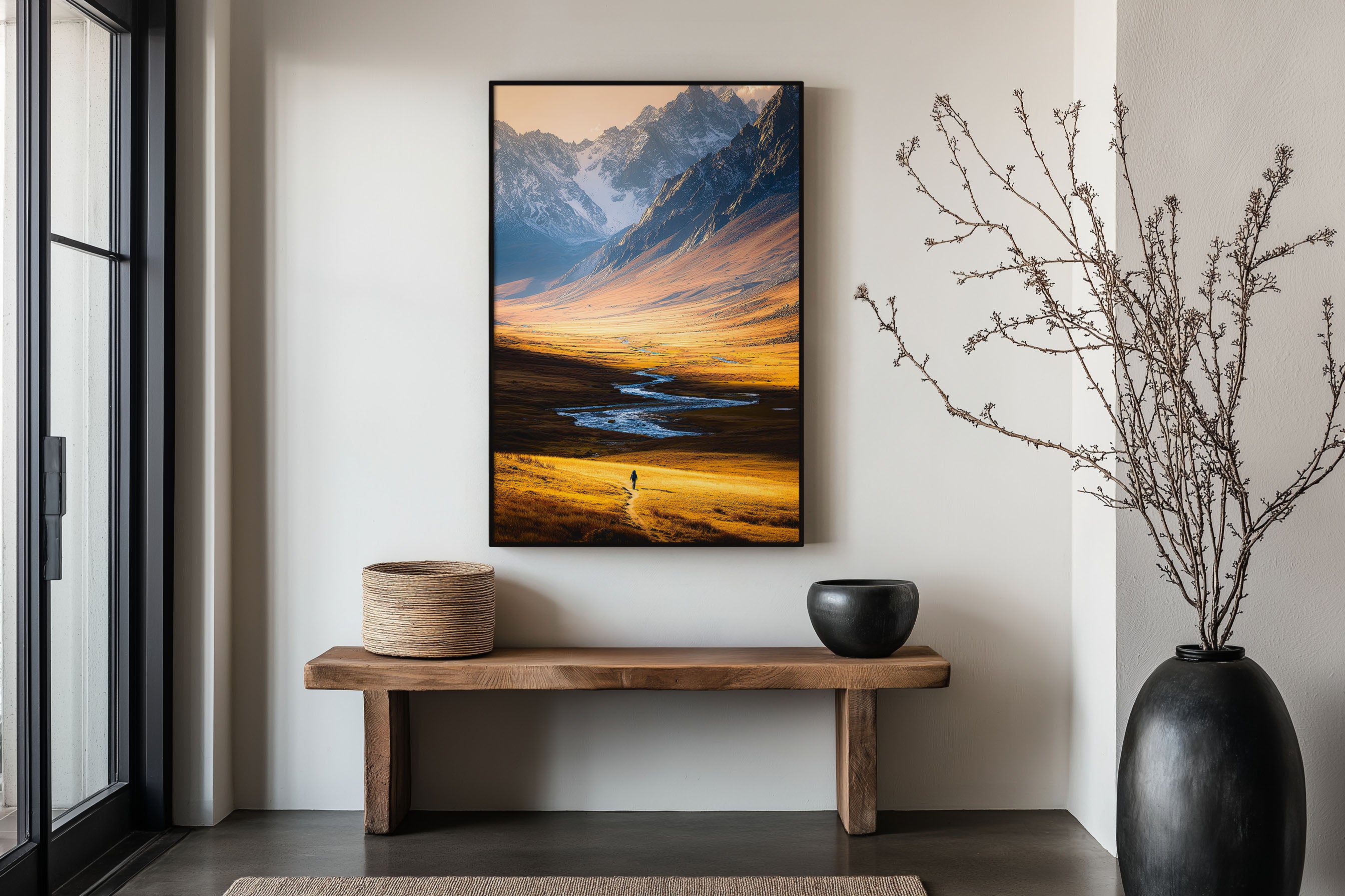 Lone Hiker Golden Valley Wall Art Print | Central Asia Mountain Landscape Photography | Kyrgyzstan Tian Shan Adventure Poster