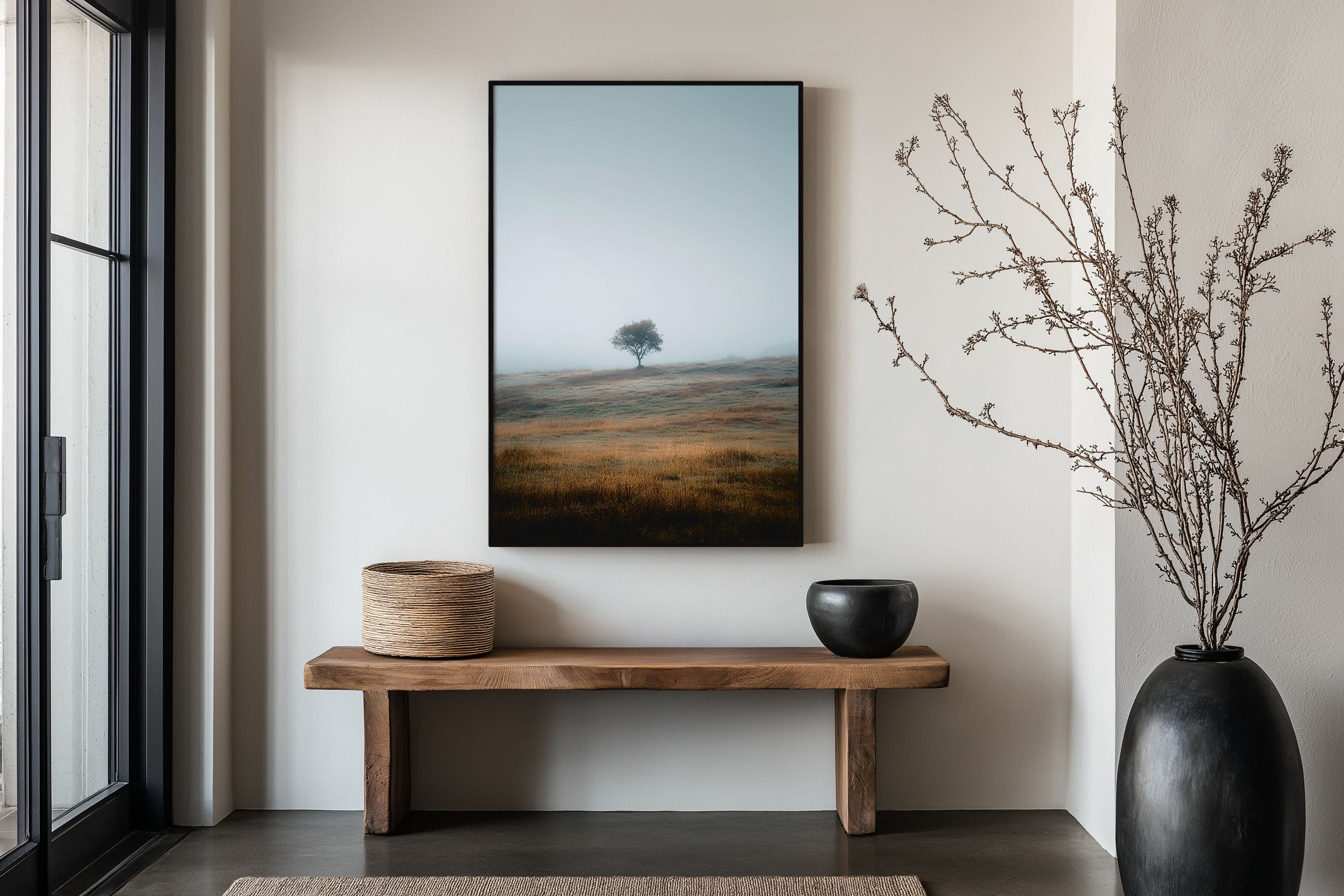 Lone Tree Misty Field Print | Minimalist Nature Wall Art | Foggy Meadow Landscape Photography