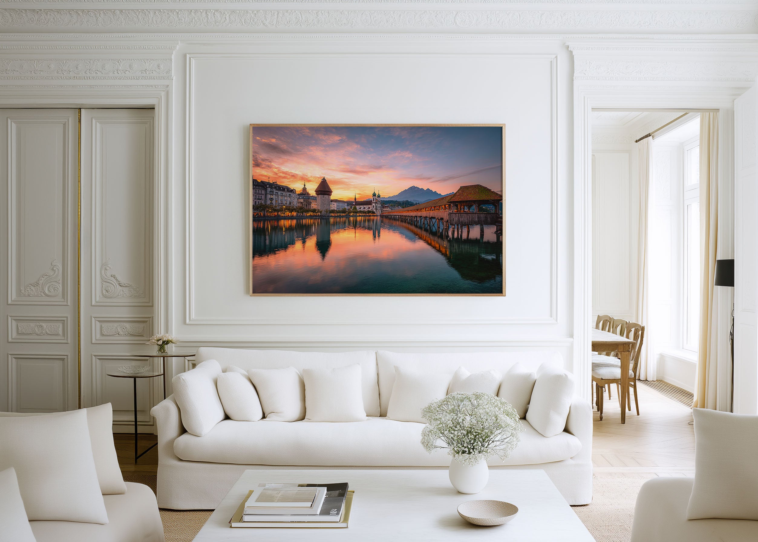 Lucerne Chapel Bridge Sunset Wall Art Print – Swiss Lake Reflection